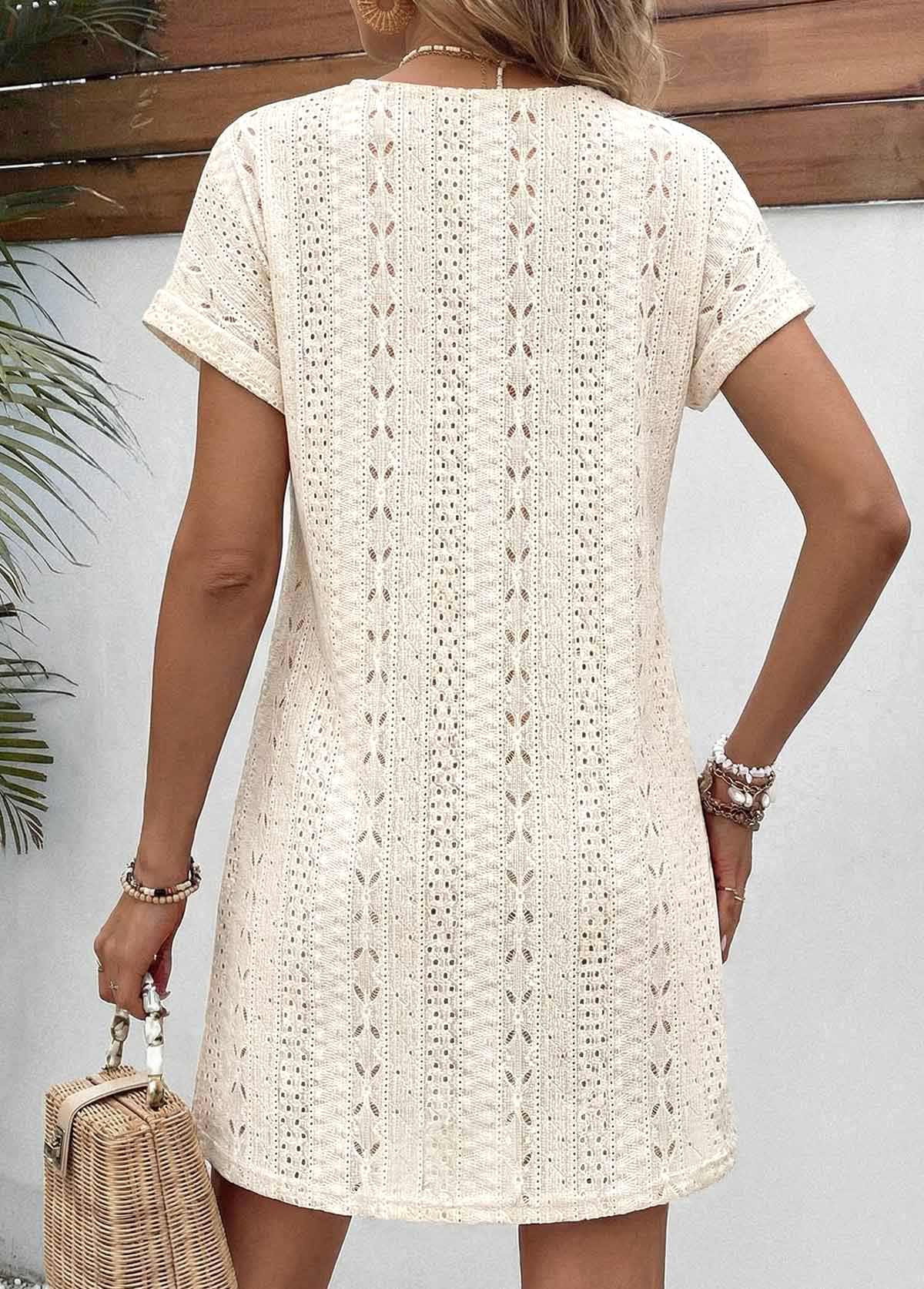 Beige Short Patchwork Round Neck Dress | picture 