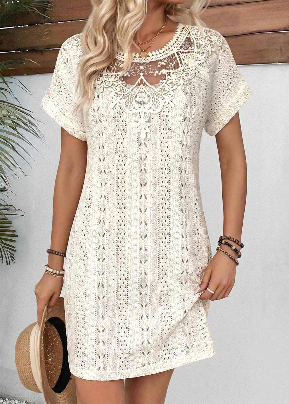 Beige Short Patchwork Round Neck Dress | picture 