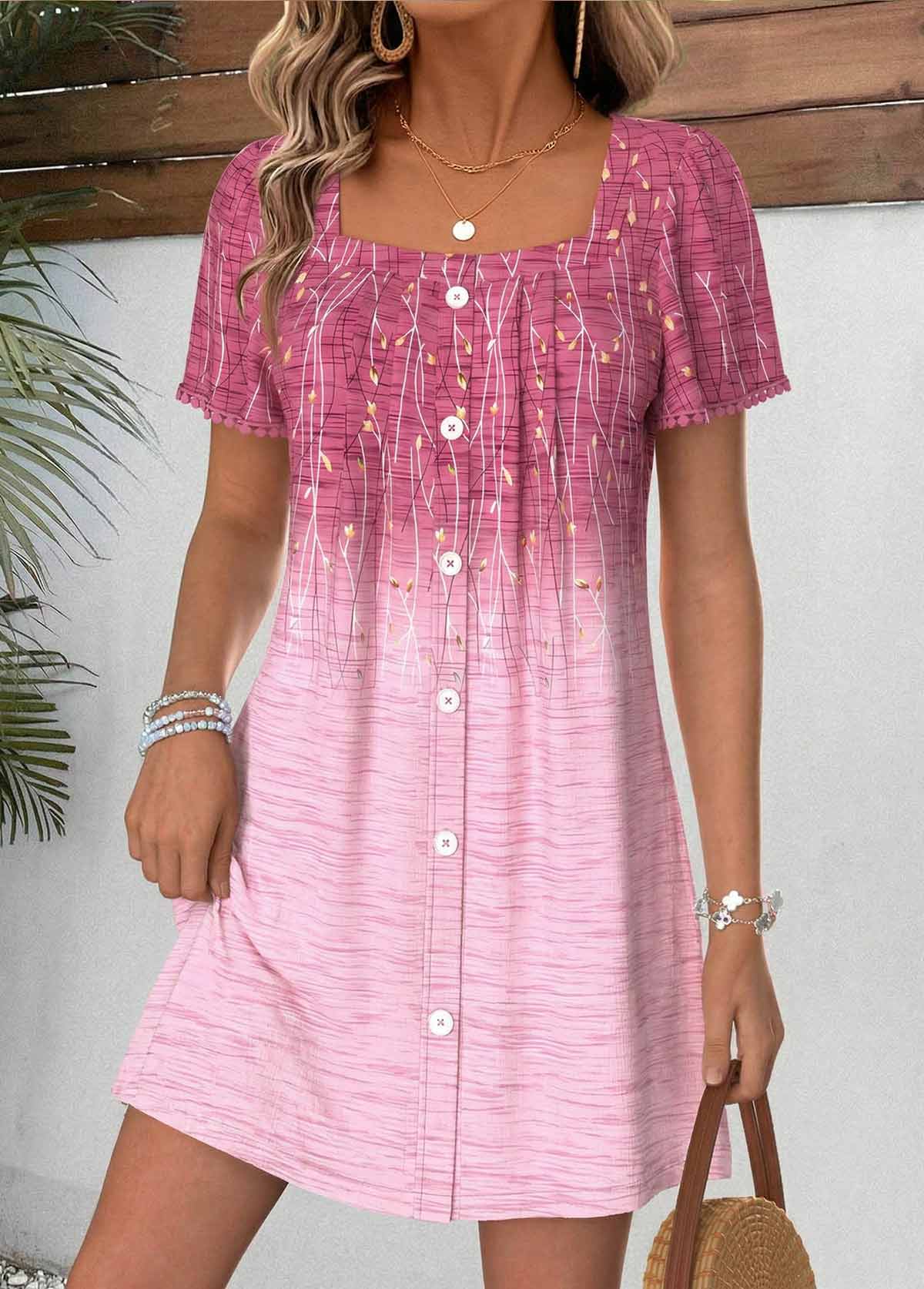 Pink Floral Print Short Tummy Coverage Square Neck Dress | picture 