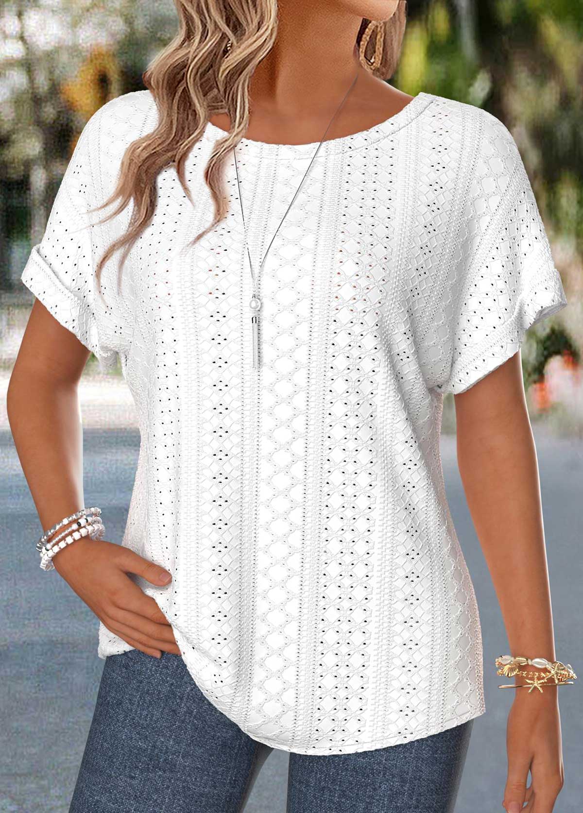 Raw White Patchwork Short Sleeve Round Neck T Shirt | picture 