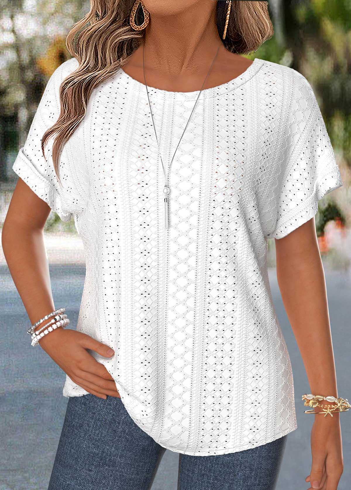 Raw White Patchwork Short Sleeve Round Neck T Shirt | picture 