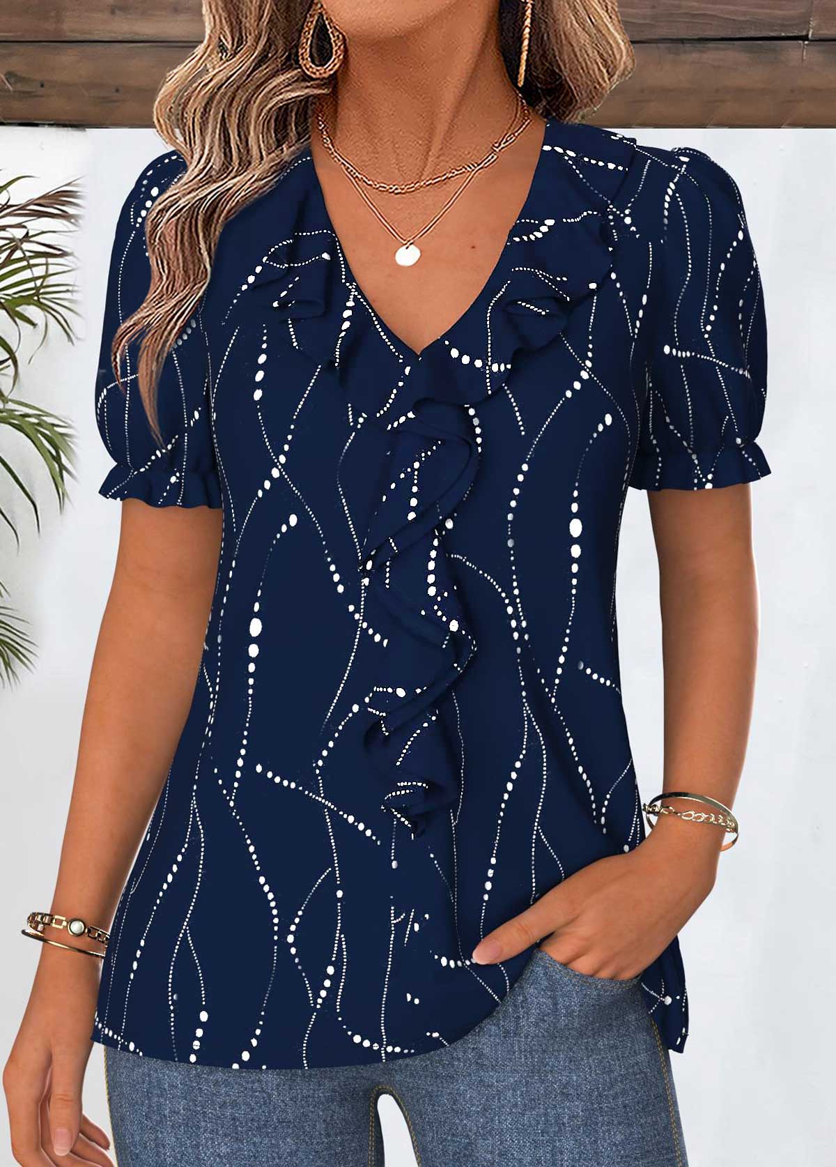 Navy Geometric Print Ruffle Short Sleeve V Neck Blouse | picture 