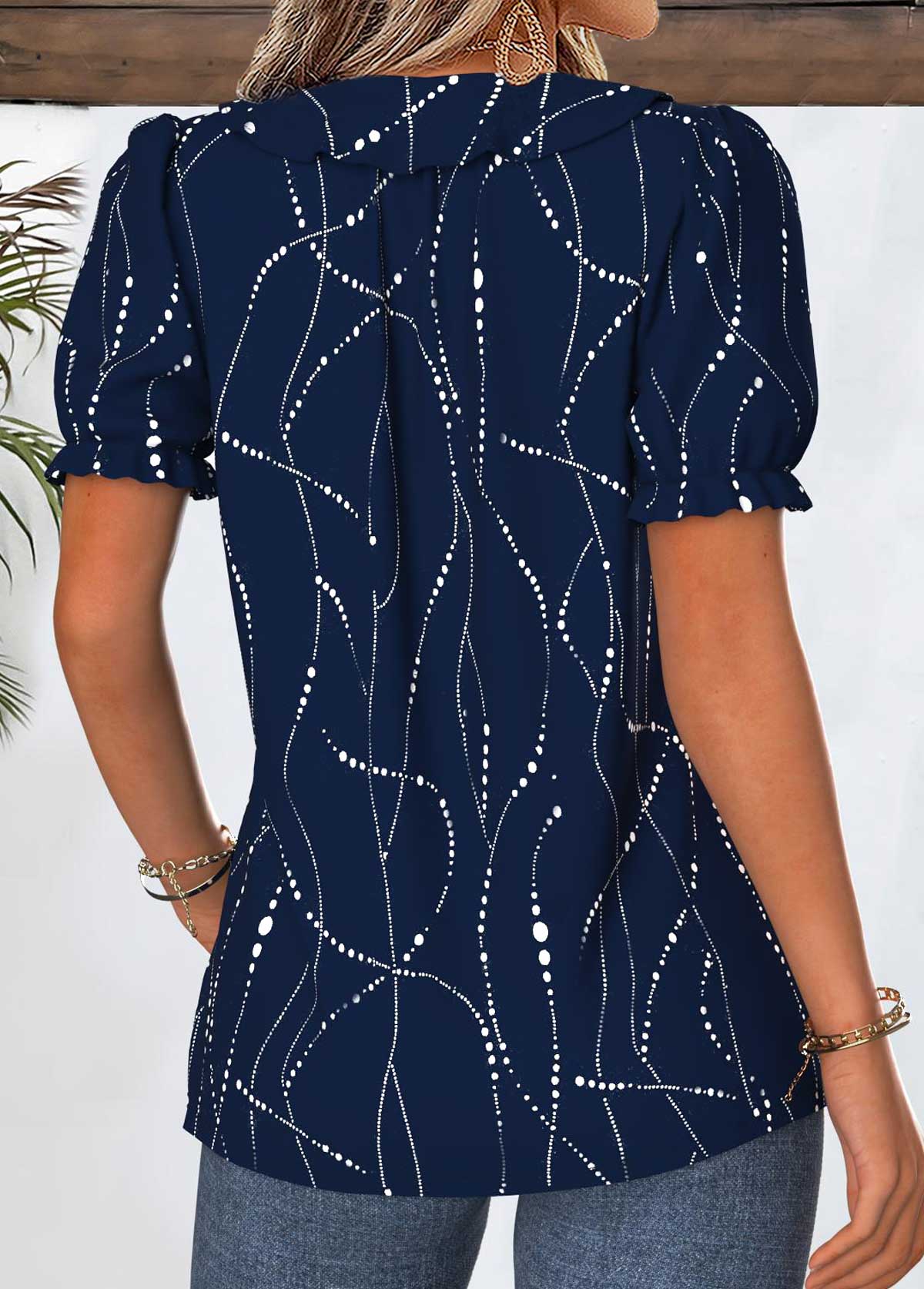 Navy Geometric Print Ruffle Short Sleeve V Neck Blouse | picture 