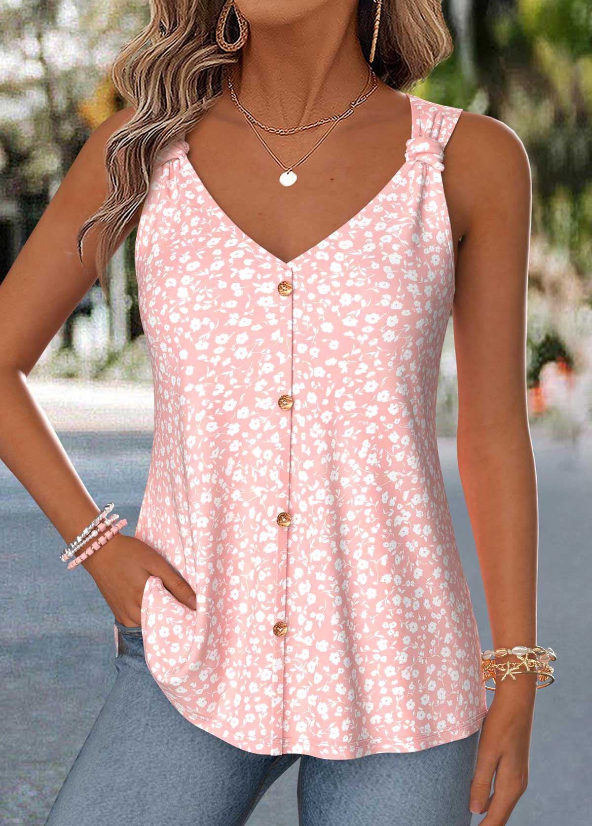 Light Pink Ditsy Floral Print Curved Hem Tank Top | picture 