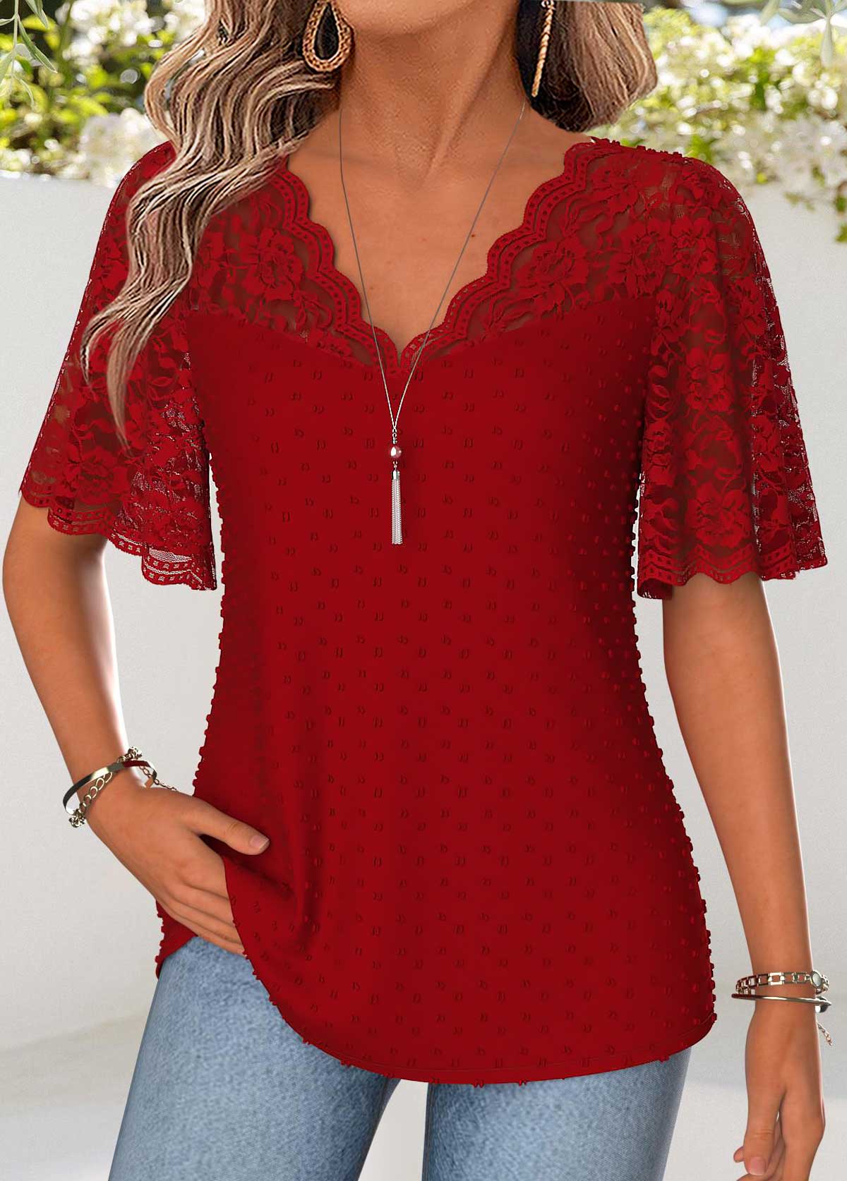 Red Patchwork Half Sleeve V Neck T Shirt | picture 