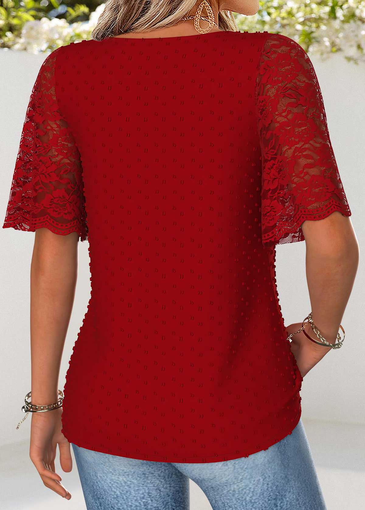 Red Patchwork Half Sleeve V Neck T Shirt | picture 