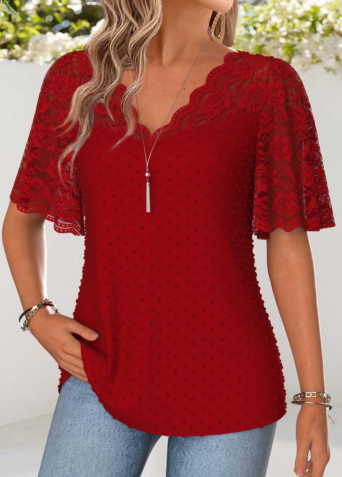 Red Patchwork Half Sleeve V Neck T Shirt | picture 
