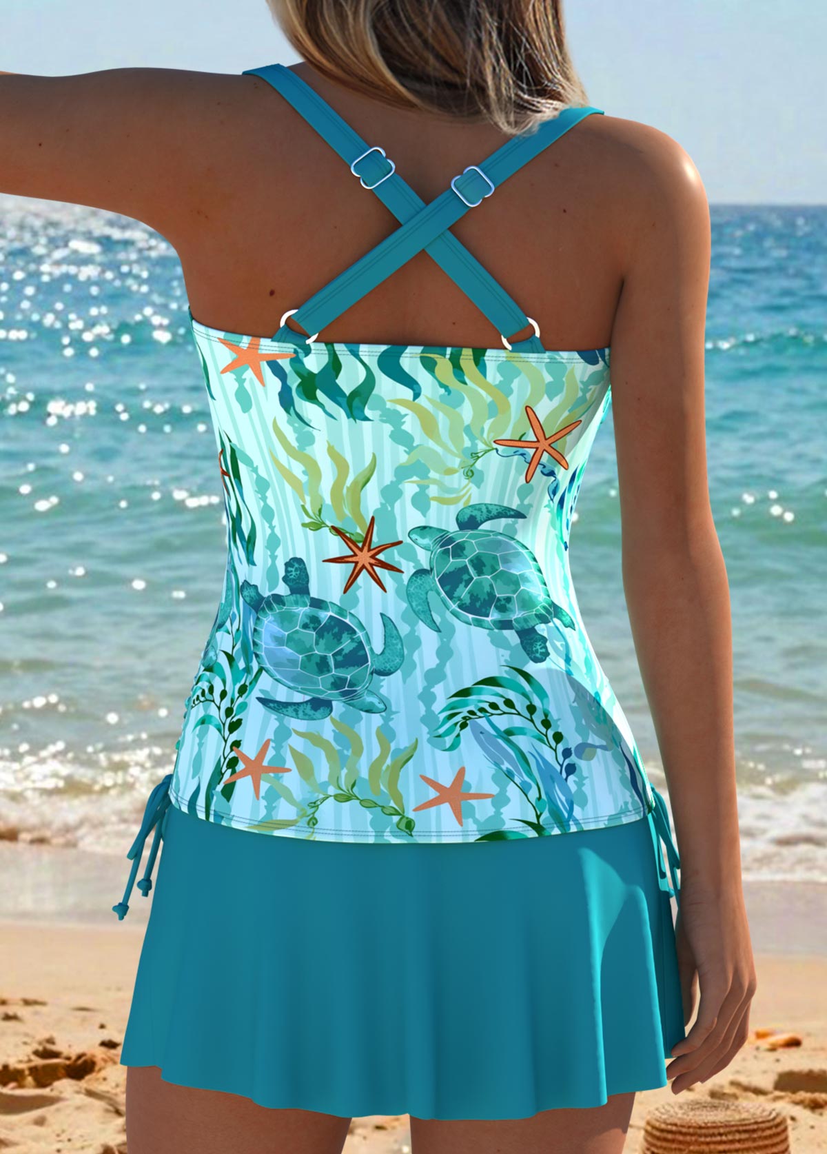 Cyan Mid Waisted Ruched/shirred Marine Life Print Tankini Set | picture 