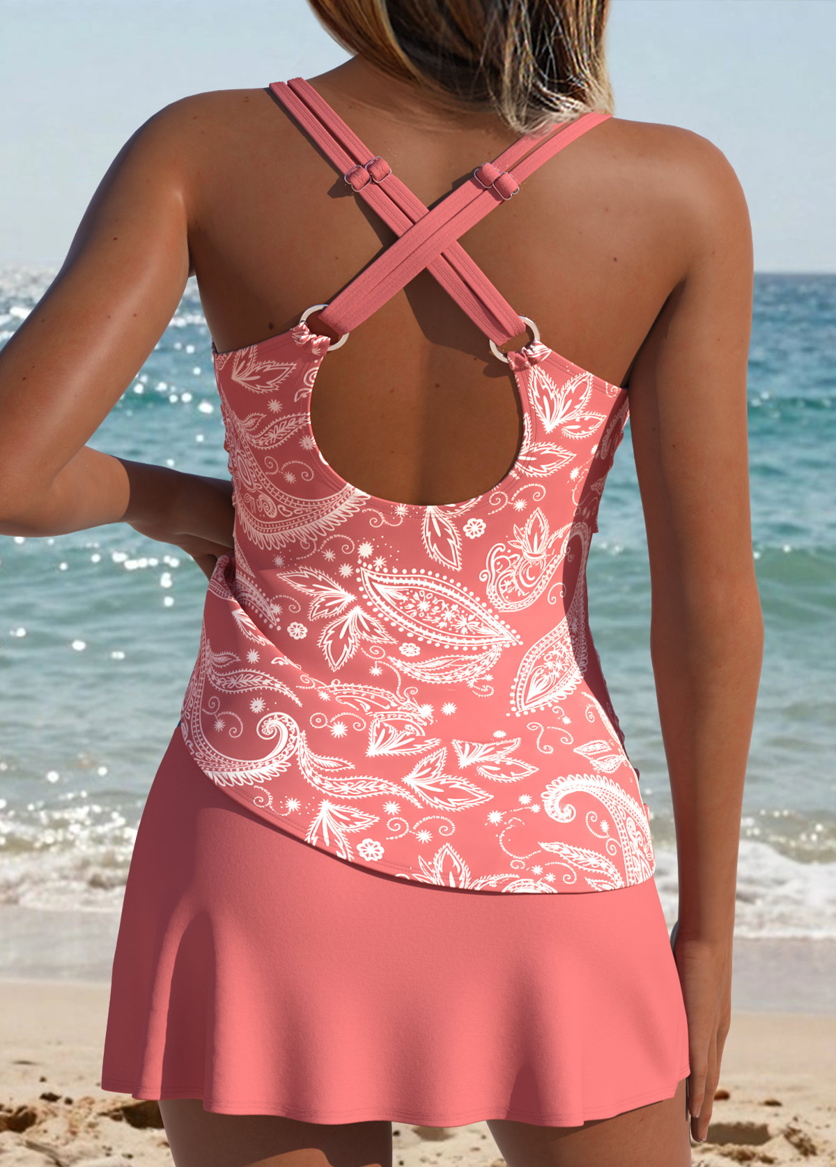 Coral Mid Waisted Surplice Paisley Print Tankini Set | picture 