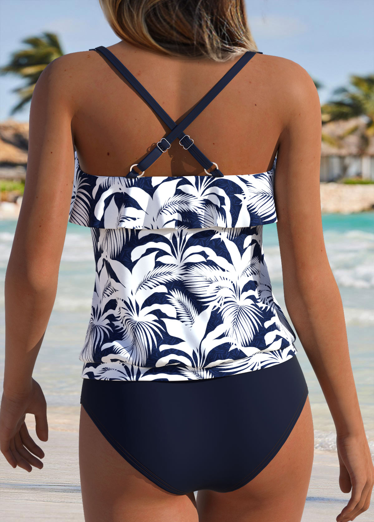 Navy Mid Waisted Ruffle Tropical Plants Print Tankini Set | picture 