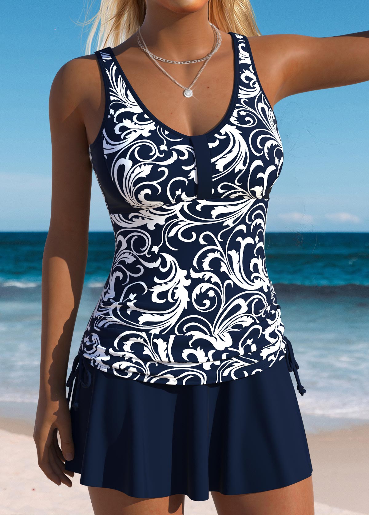 Black Mid Waisted Ruched/shirred Tropical Plants Print Tankini Set | picture 