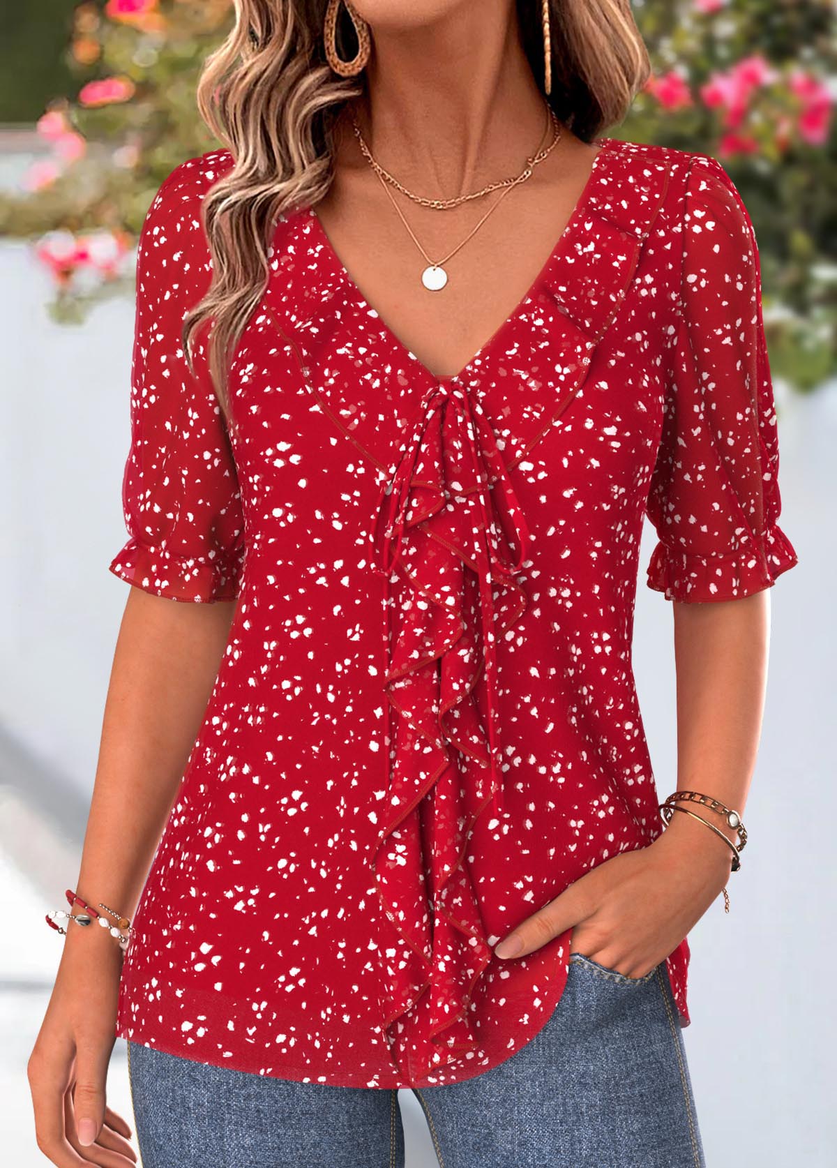 Red Polka Dot Ruffle Half Sleeve V Neck Blouse | picture 
