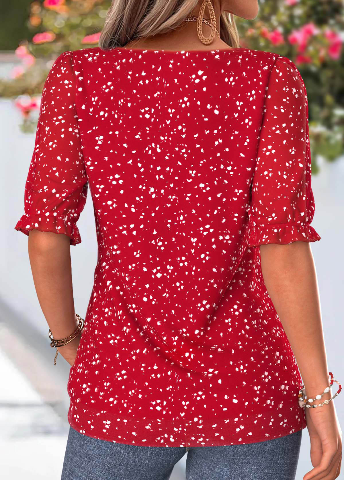 Red Polka Dot Ruffle Half Sleeve V Neck Blouse | picture 