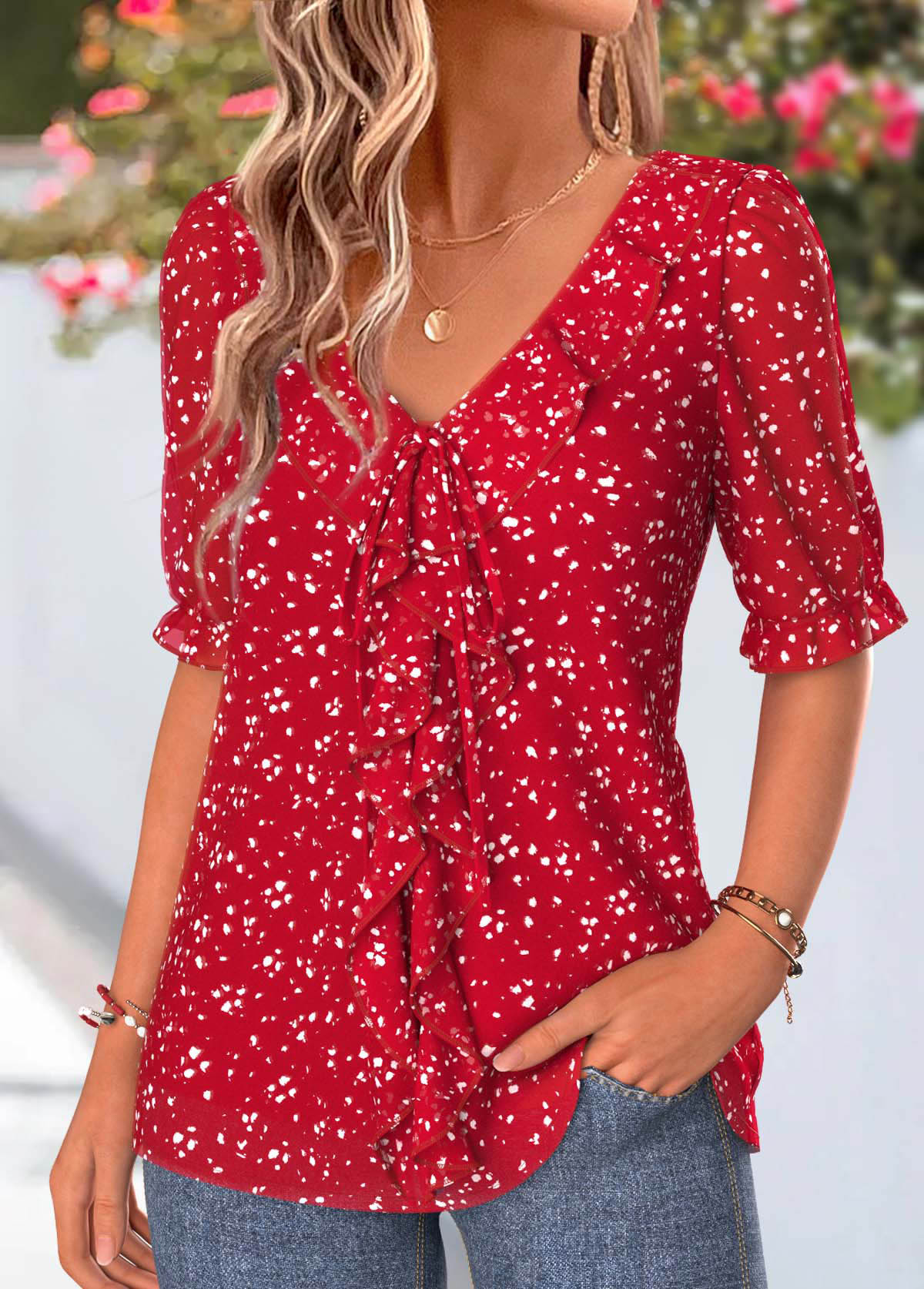Red Polka Dot Ruffle Half Sleeve V Neck Blouse | picture 