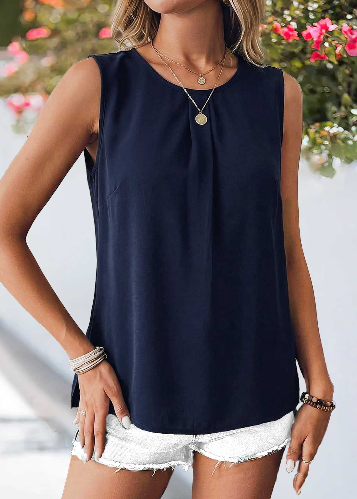 Navy Patchwork Sleeveless Round Neck Tank Top | picture 