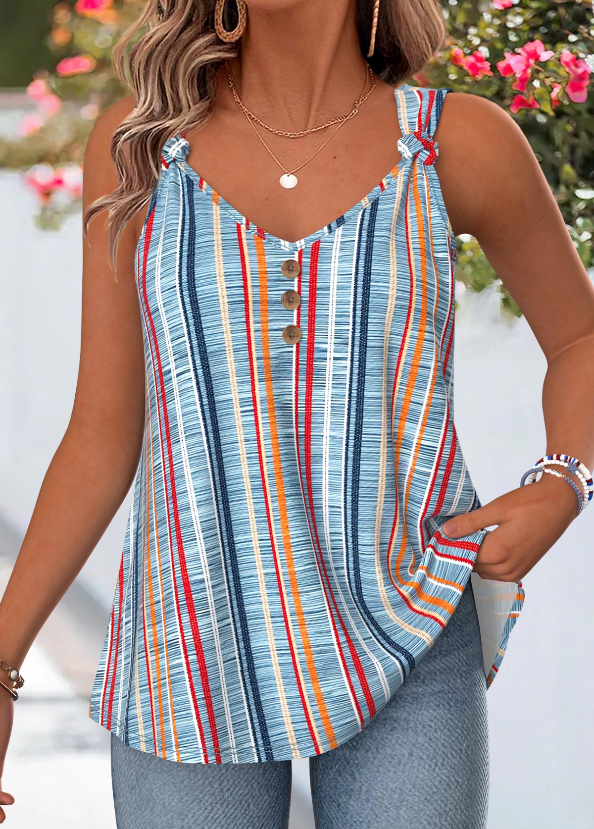 Multi Color Tie Strappy V Neck Tank Top | picture 