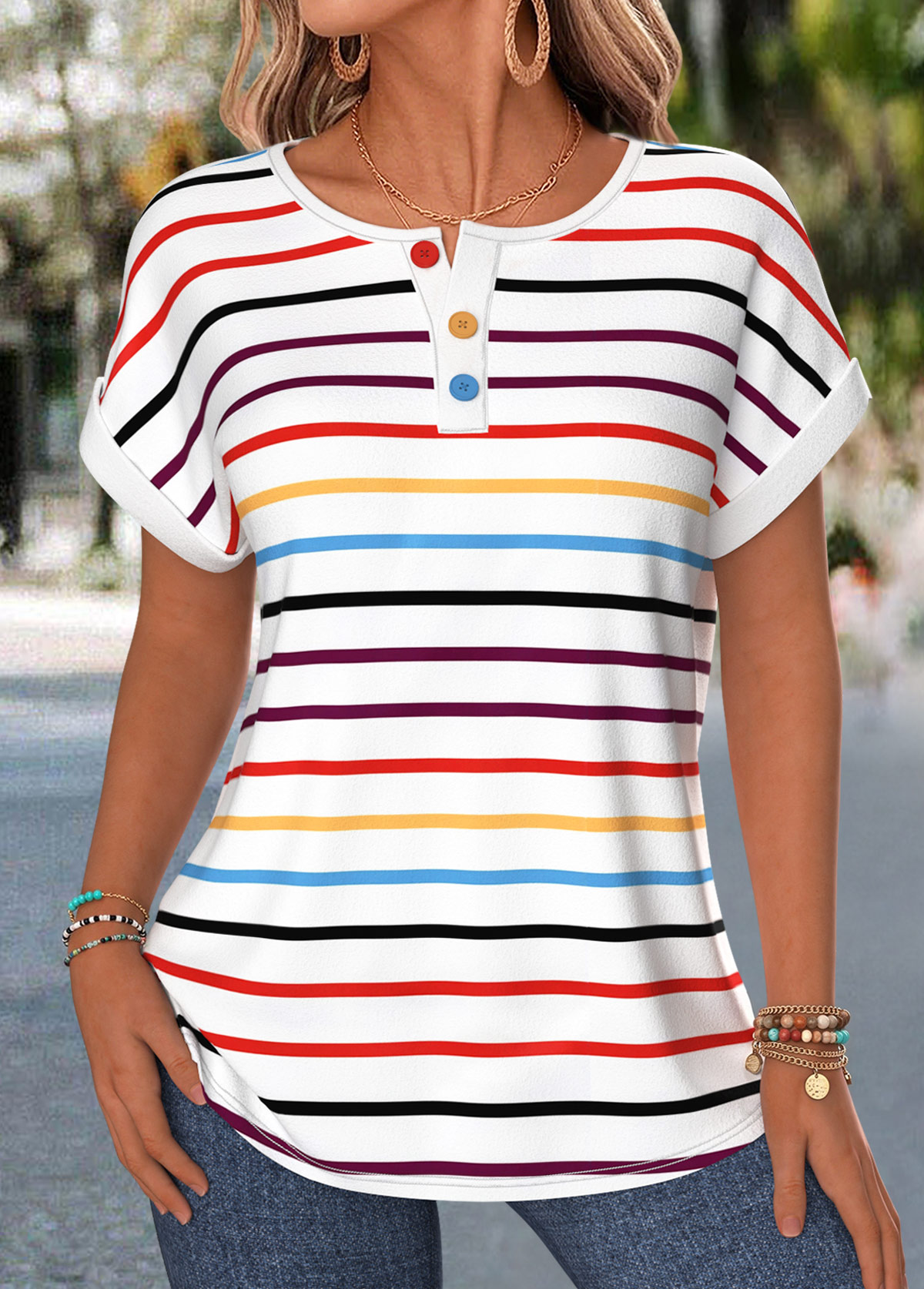 Multi Color Button Short Sleeve Boat Neck T Shirt | picture 