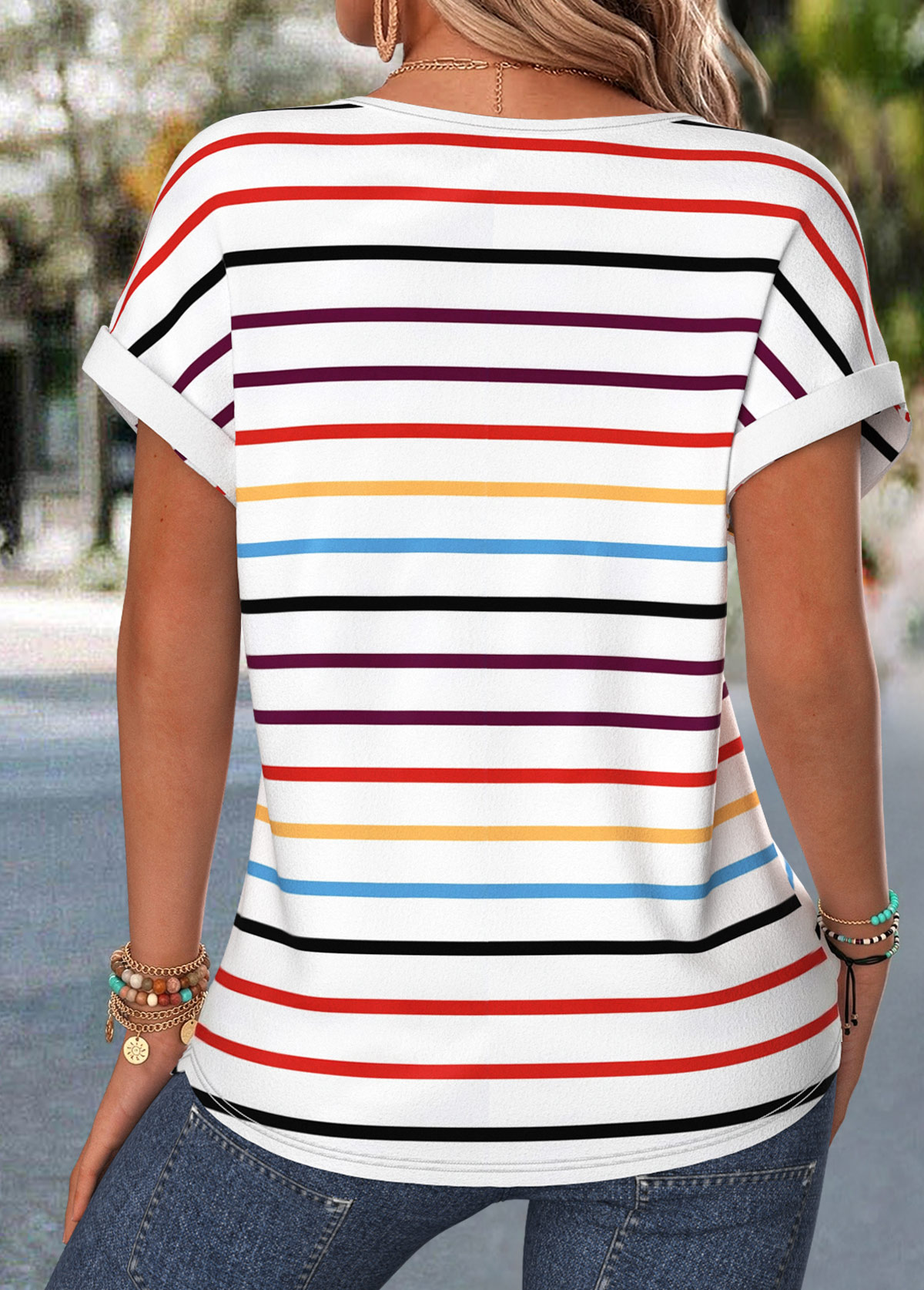 Multi Color Button Short Sleeve Boat Neck T Shirt | picture 