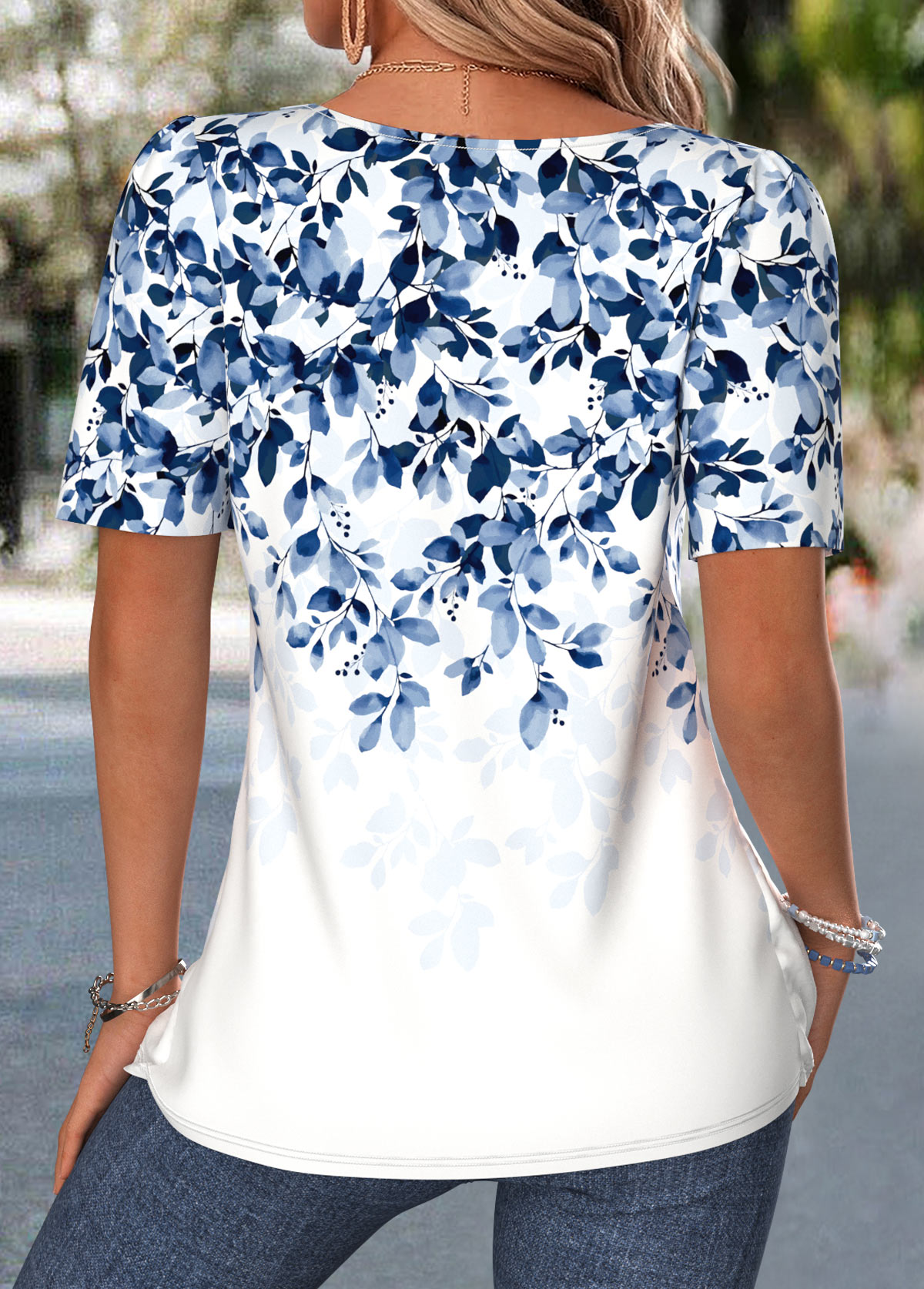 Blue Leaf Print Short Sleeve Square Neck T Shirt | picture 