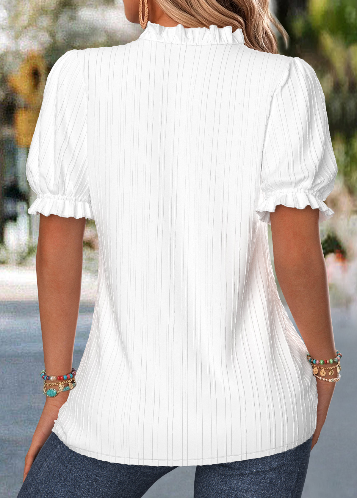 White Floral Print Curved Hem Short Sleeve Blouse | picture 