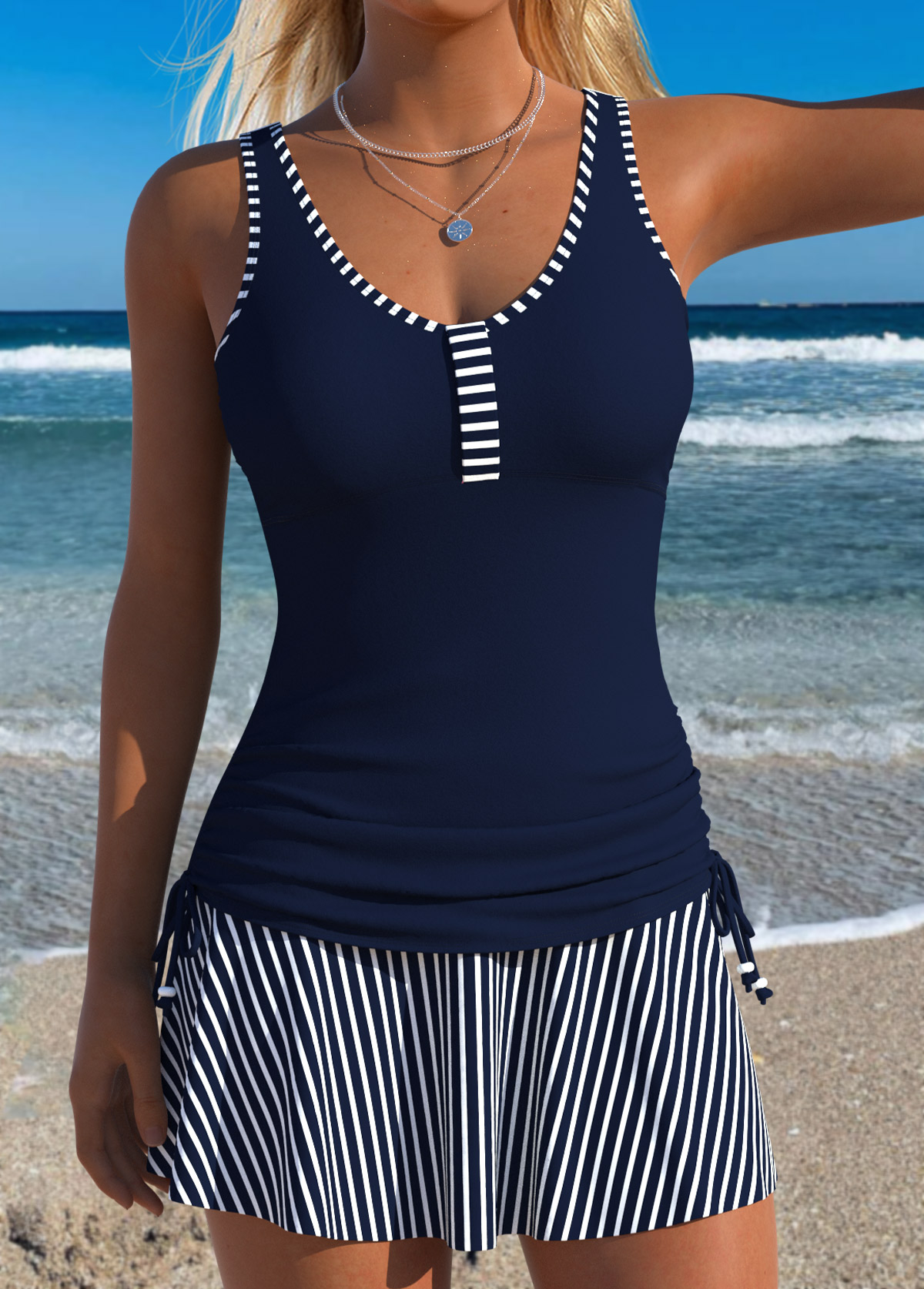 Navy Mid Waisted Ruched Striped Tankini Set | picture 