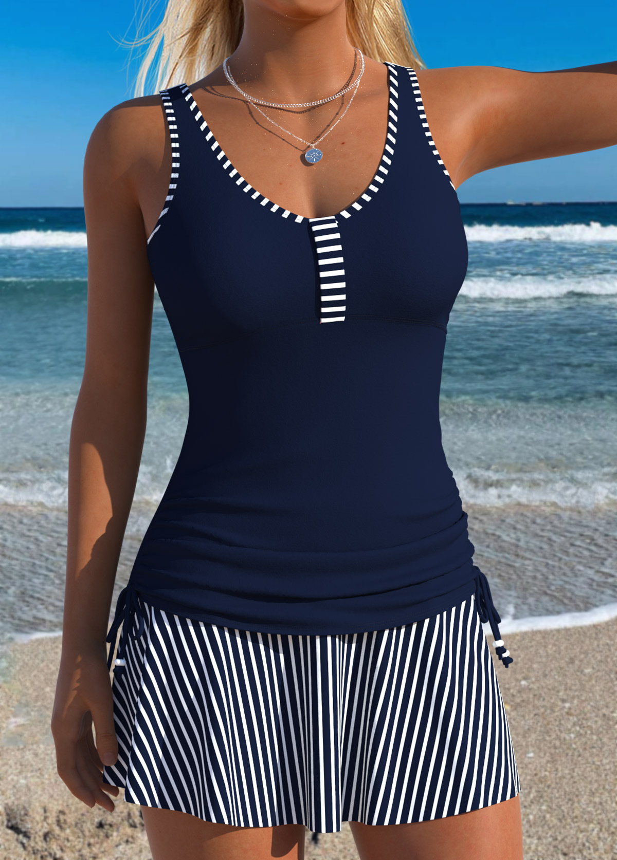 Navy Mid Waisted Ruched Striped Tankini Set | picture 