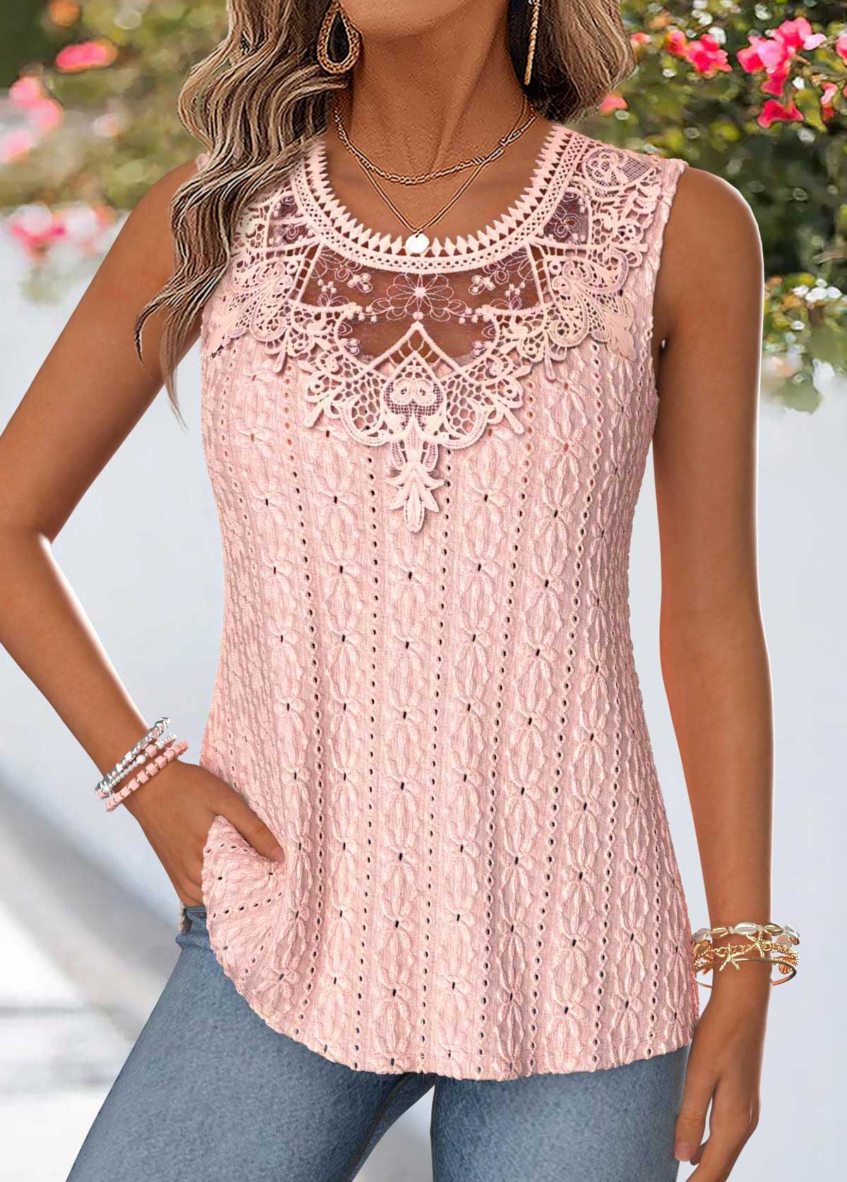 Pink Patchwork Sleeveless Round Neck Tank Top | picture 