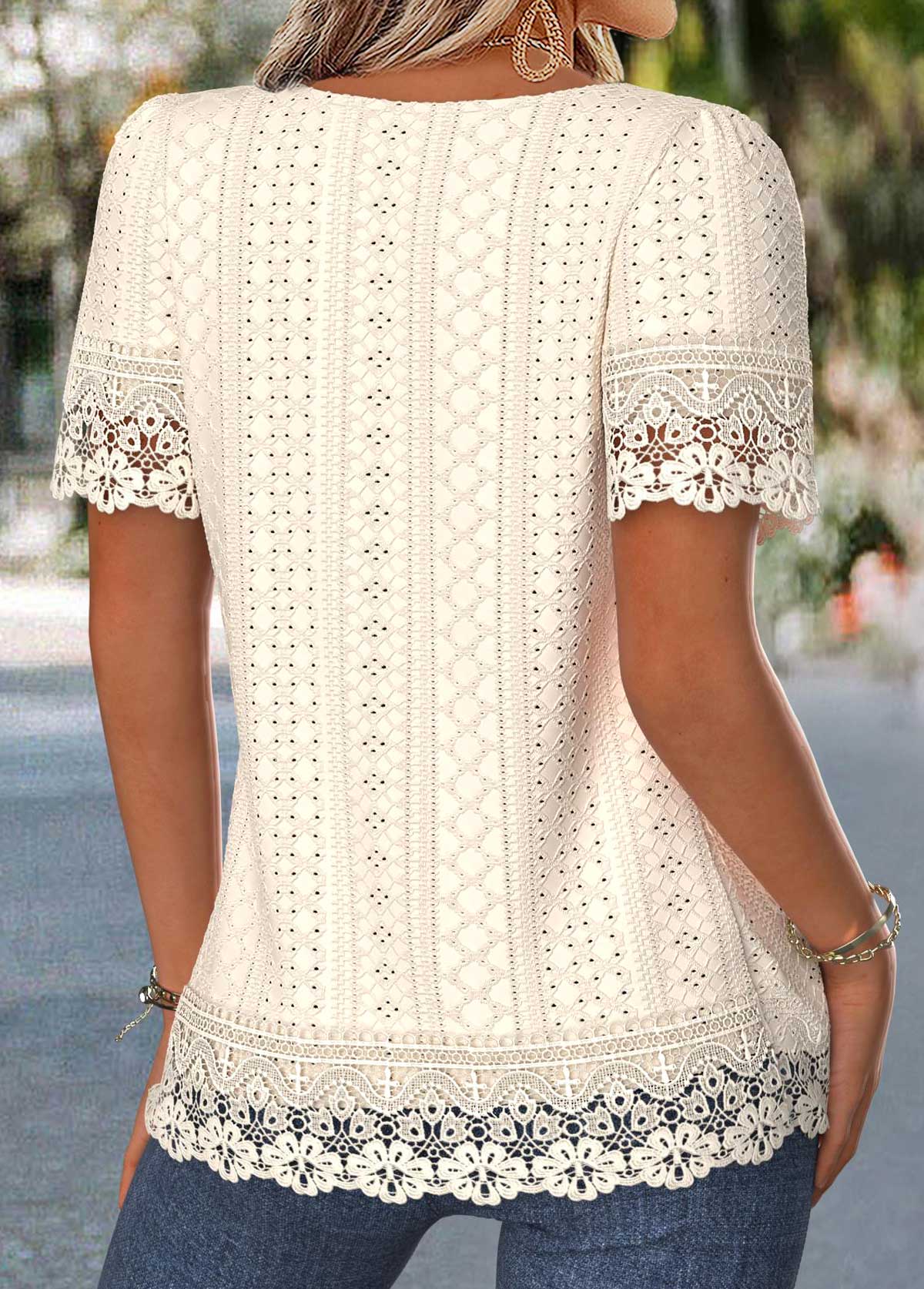 Beige Patchwork Short Sleeve Square Neck T Shirt | picture 