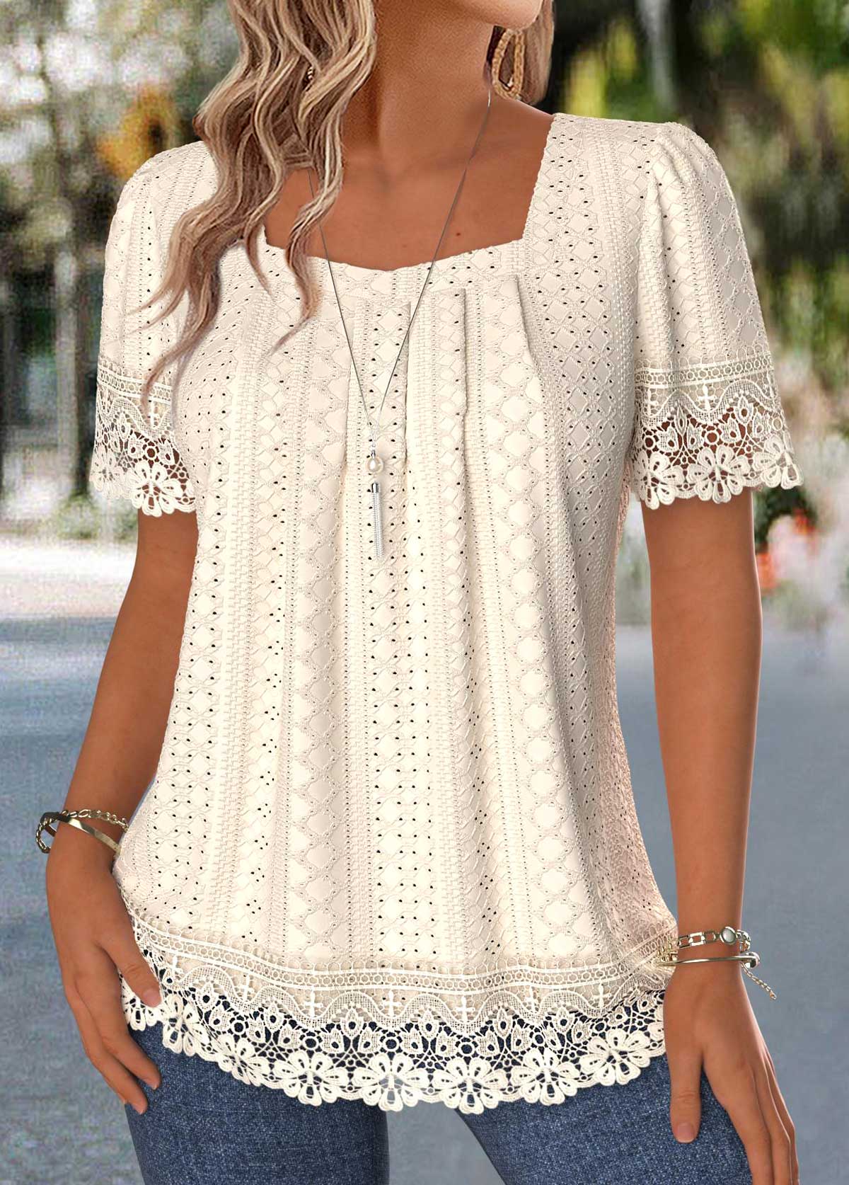 Beige Patchwork Short Sleeve Square Neck T Shirt | picture 