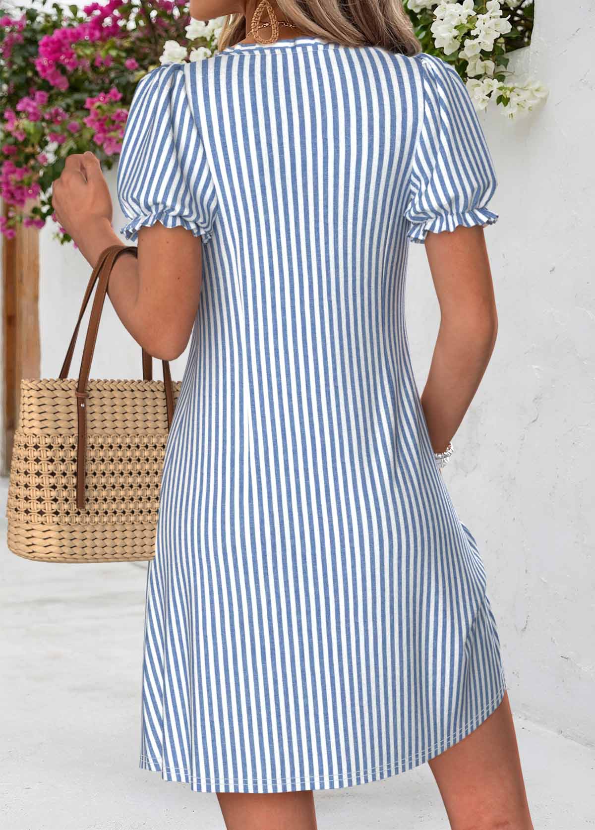 Light Blue Striped Short Tuck Stitch V Neck Dress | picture 