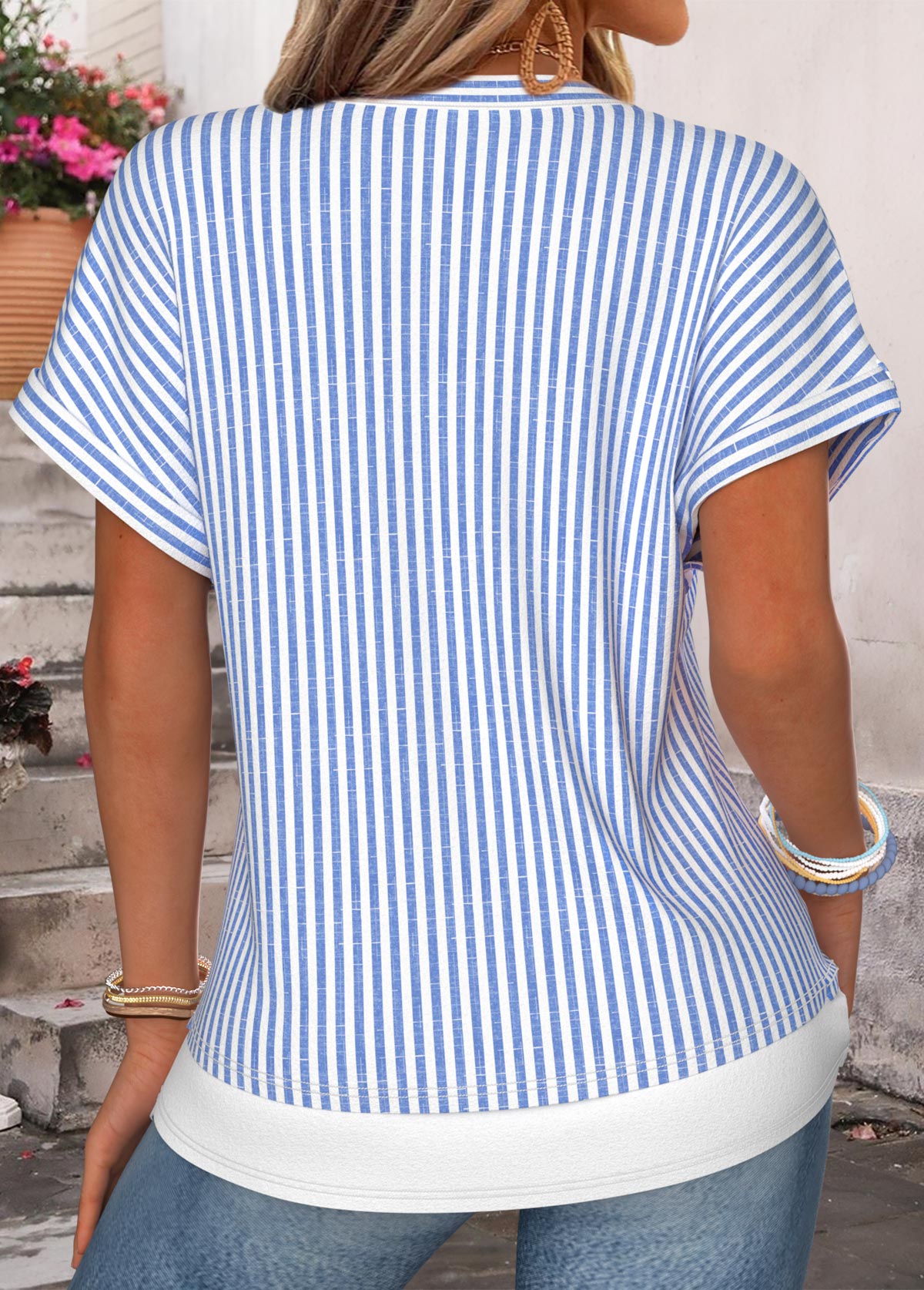 Blue Striped Fake 2in1 Short Sleeve T Shirt | picture 