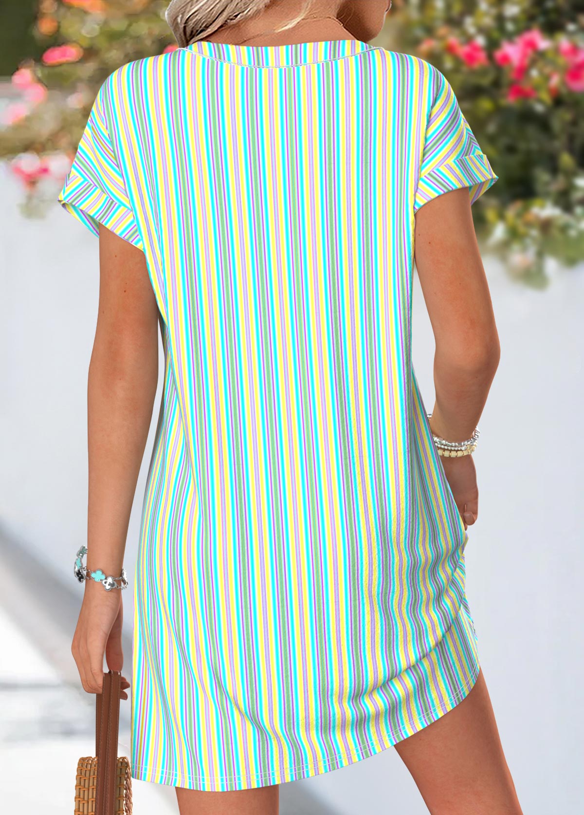 Multi Color Striped Short Tummy Coverage Split Neck Dress | picture 