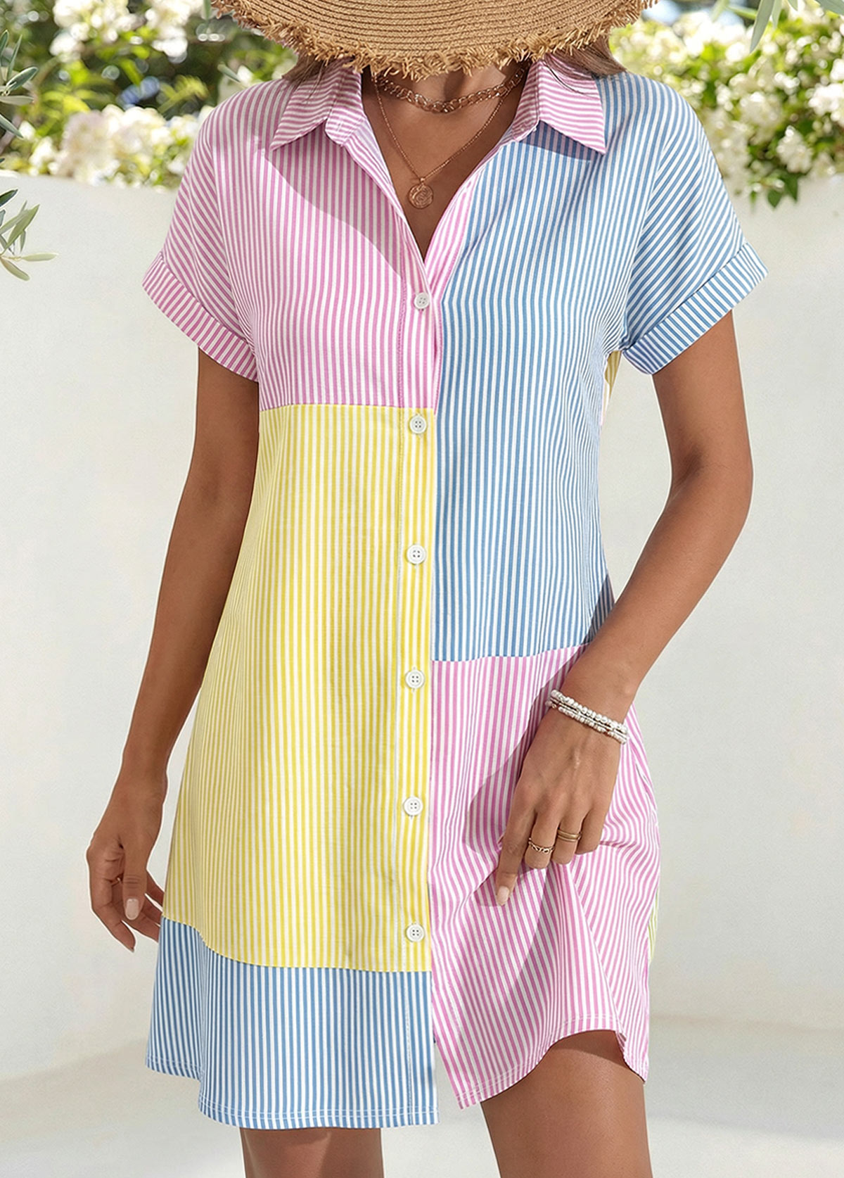 Multi Color Short Patchwork Shirt Collar Dress | picture 