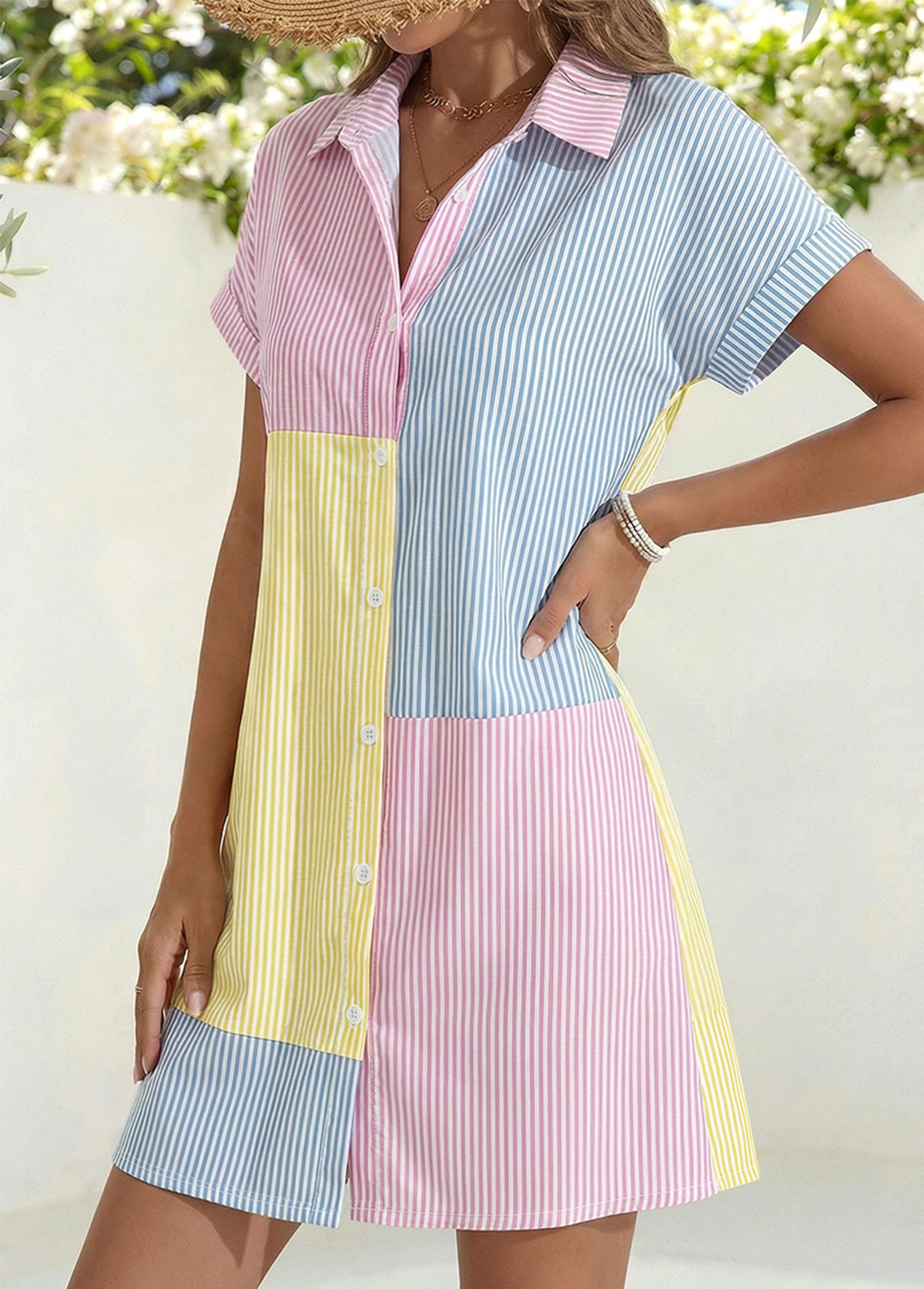 Multi Color Short Patchwork Shirt Collar Dress | picture 
