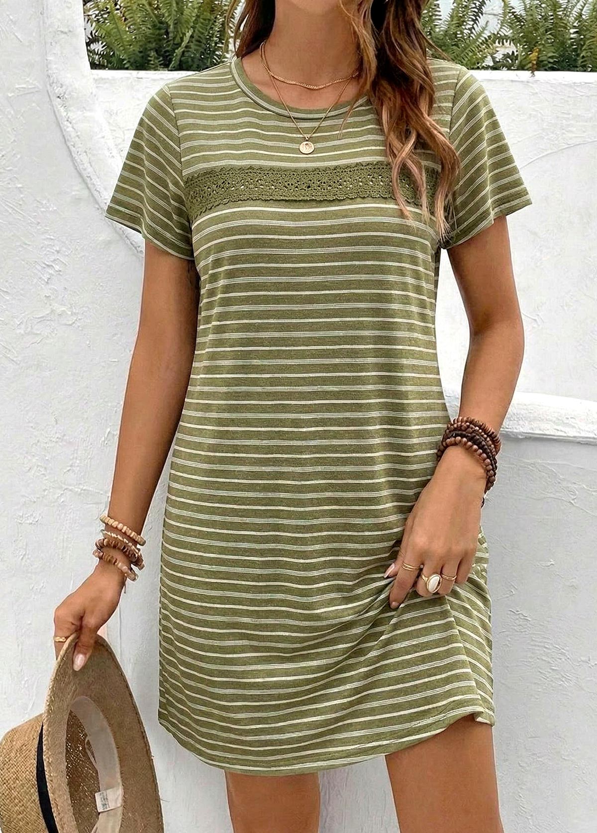 Green Striped Short Round Neck Dress | picture 