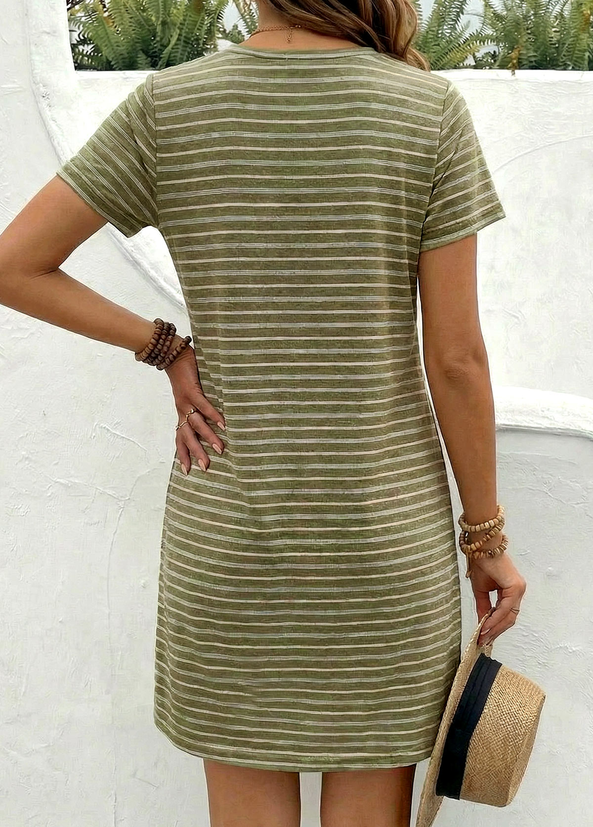Green Striped Short Round Neck Dress | picture 