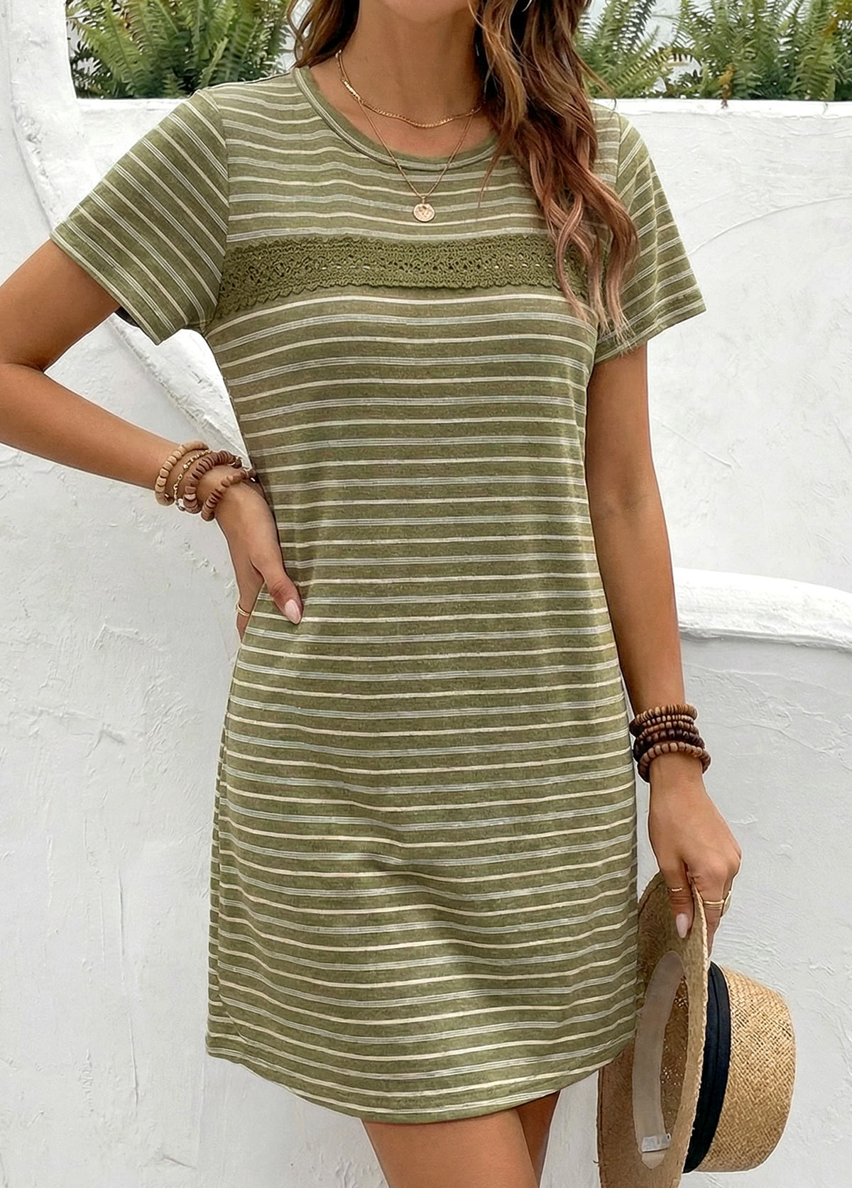 Green Striped Short Round Neck Dress | picture 