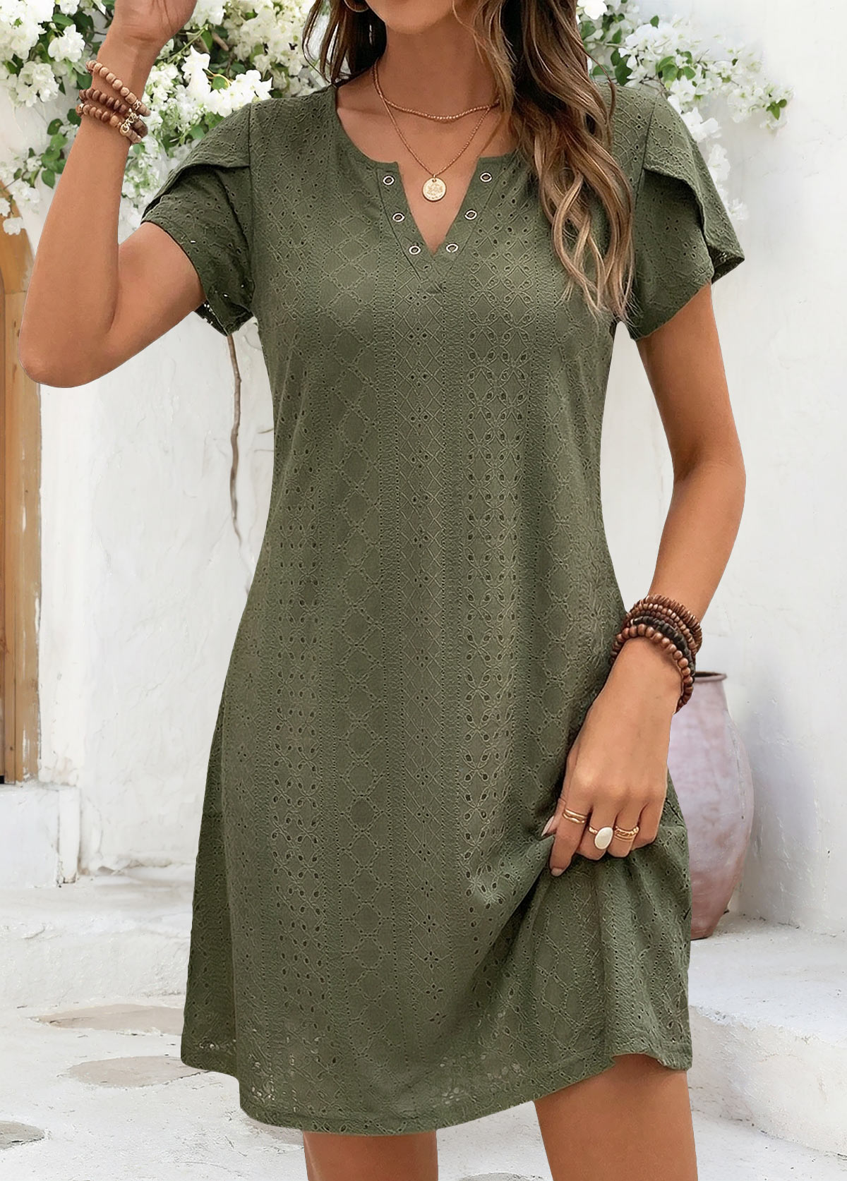 Sage Green Short Tummy Coverage Split Neck Dress | picture 