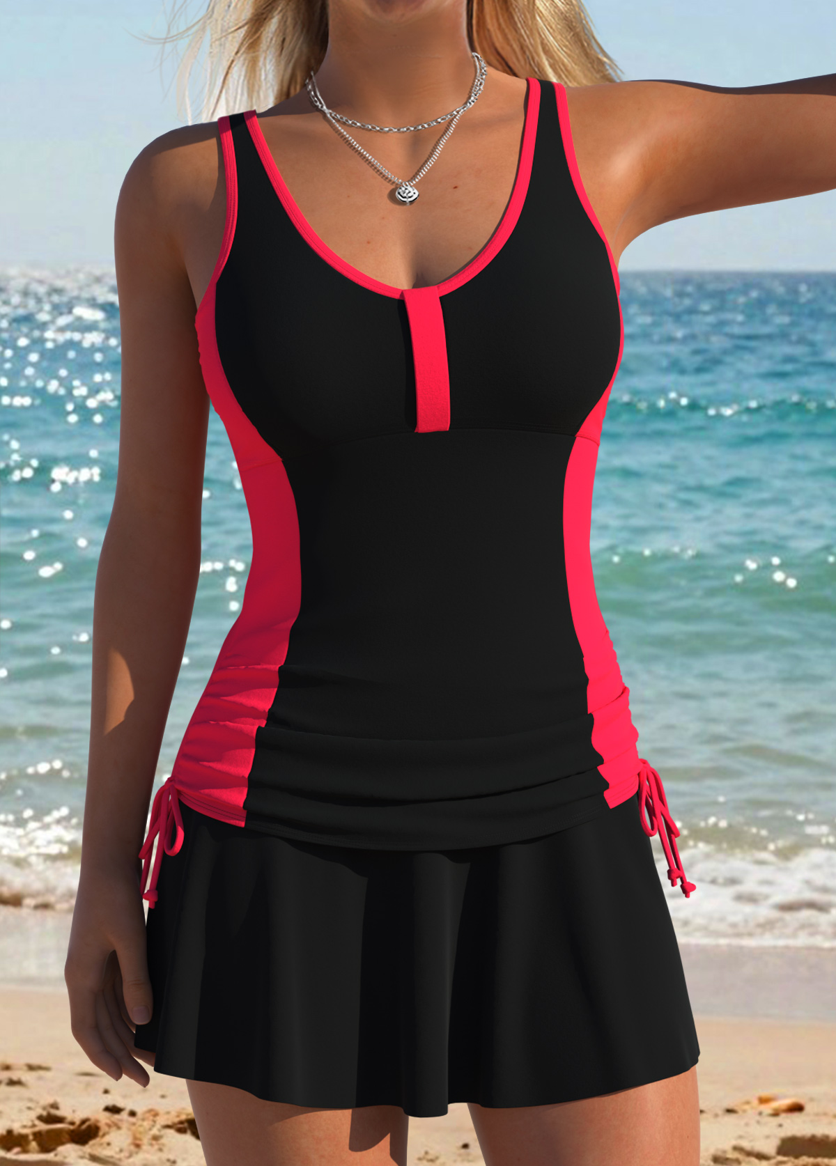Black Mid Waisted Ruched Paisley Print Tankini Set | picture 