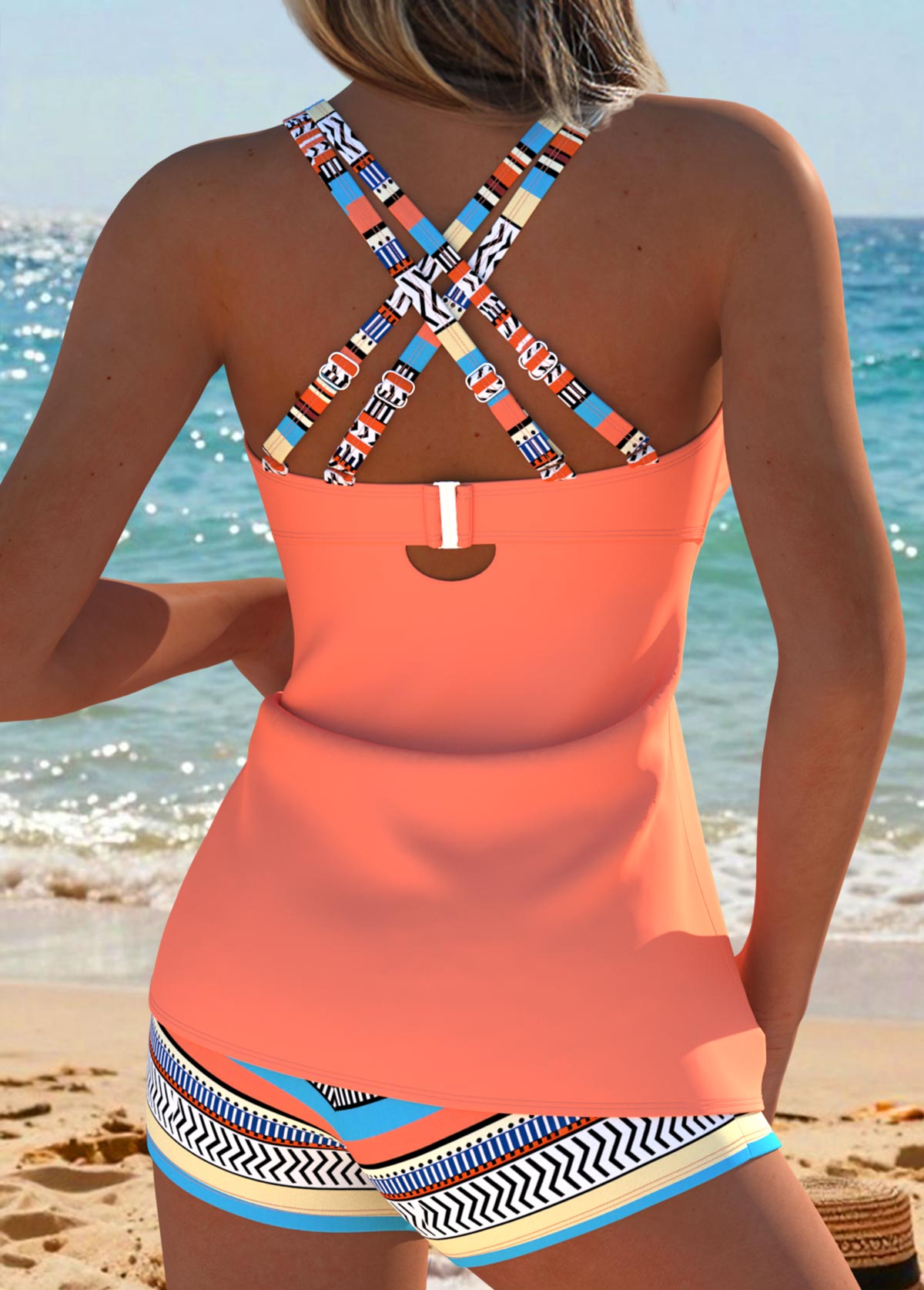 Coral Mid Waisted Cut Out Tribal Print Tankini Set | picture 