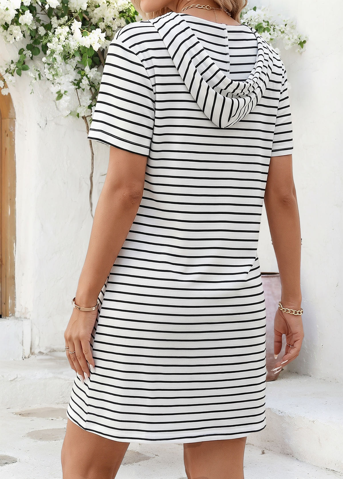 White Striped Short Double Side Pockets Hooded Dress | picture 