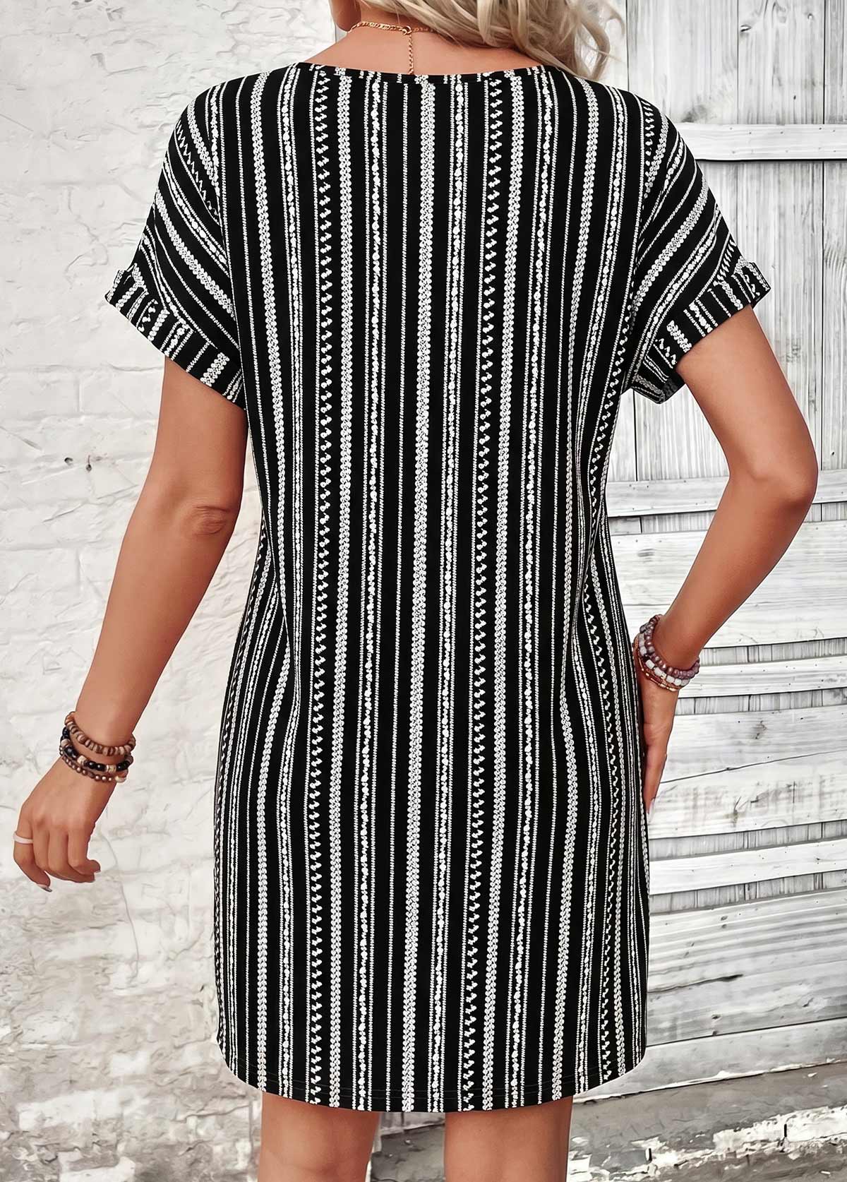 Black Striped Patchwork Short Sleeve Round Neck Dress | picture 