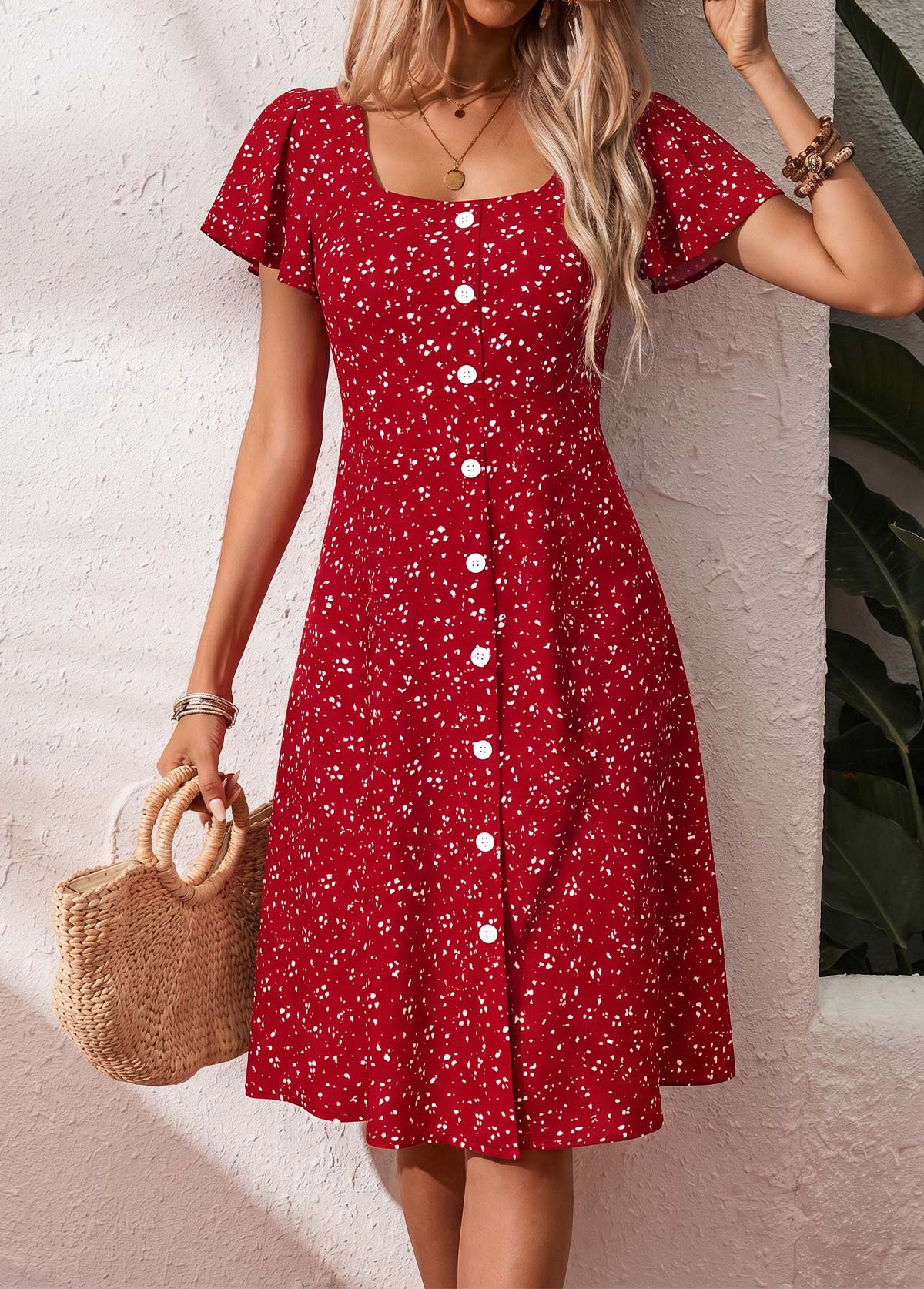 Red Polka Dot Tummy Coverage Short Sleeve Dress | picture 