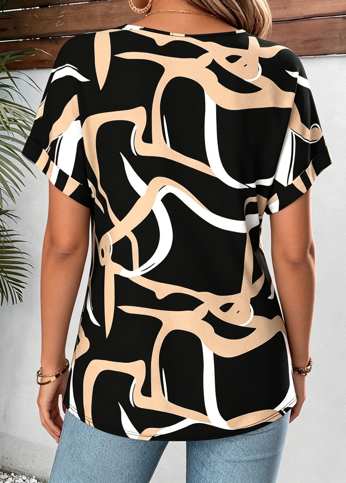 Black Geometric Print Tummy Coverage Short Sleeve T Shirt | picture 