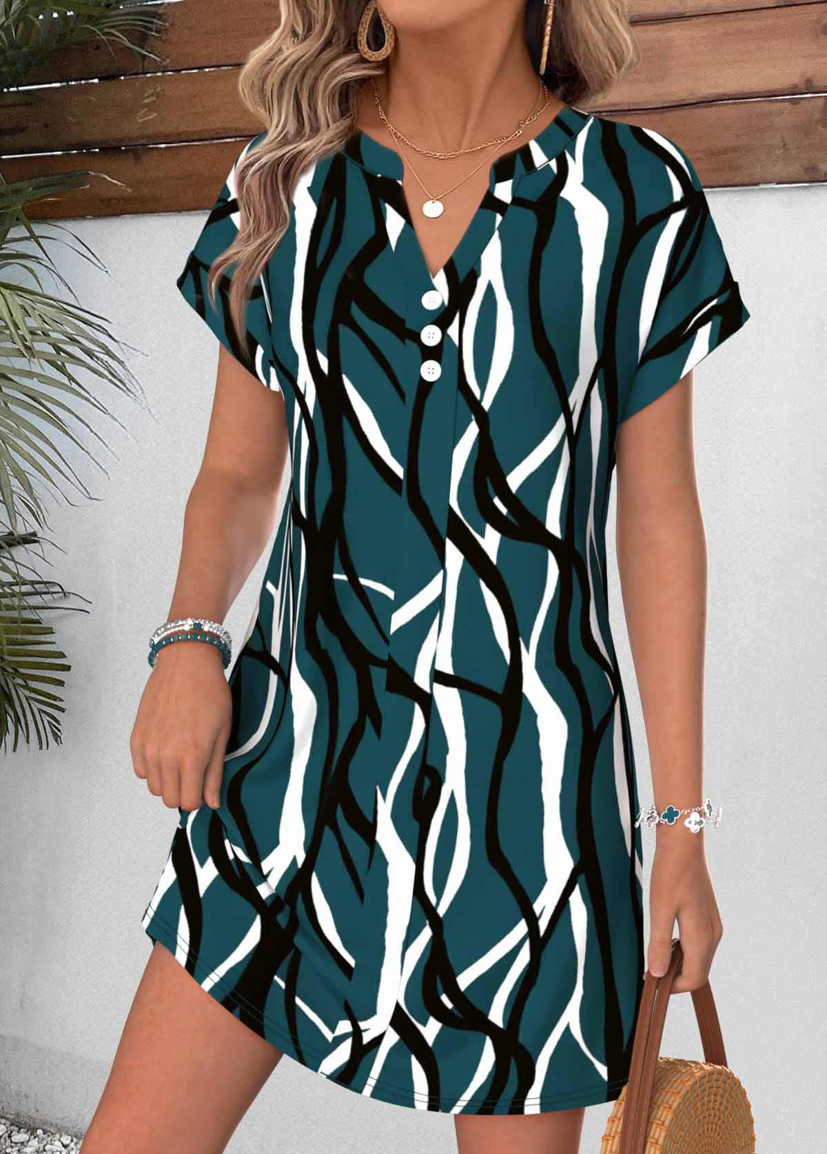 Blackish Green Geometric Print Short Tummy Coverage Dress | picture 