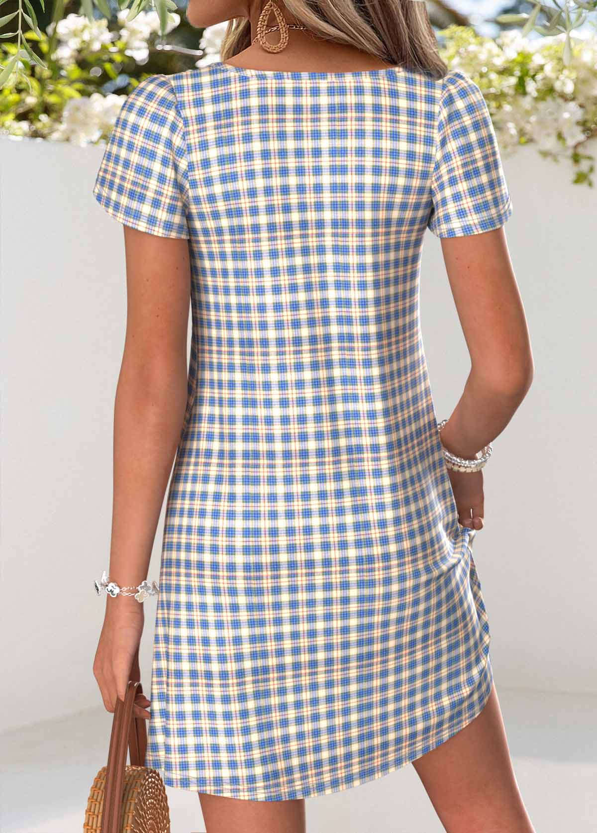 Multi Color Plaid Short Tummy Coverage Asymmetrical Neck Dress | picture 