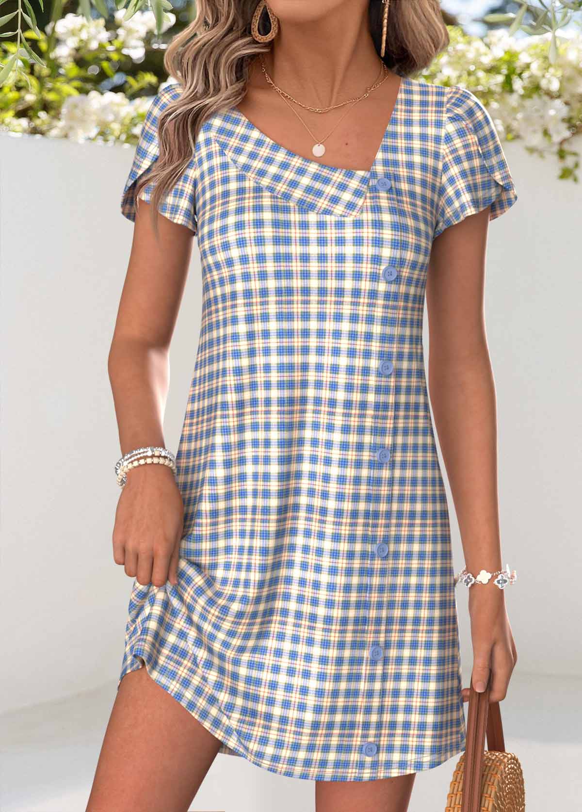 Multi Color Plaid Short Tummy Coverage Asymmetrical Neck Dress | picture 