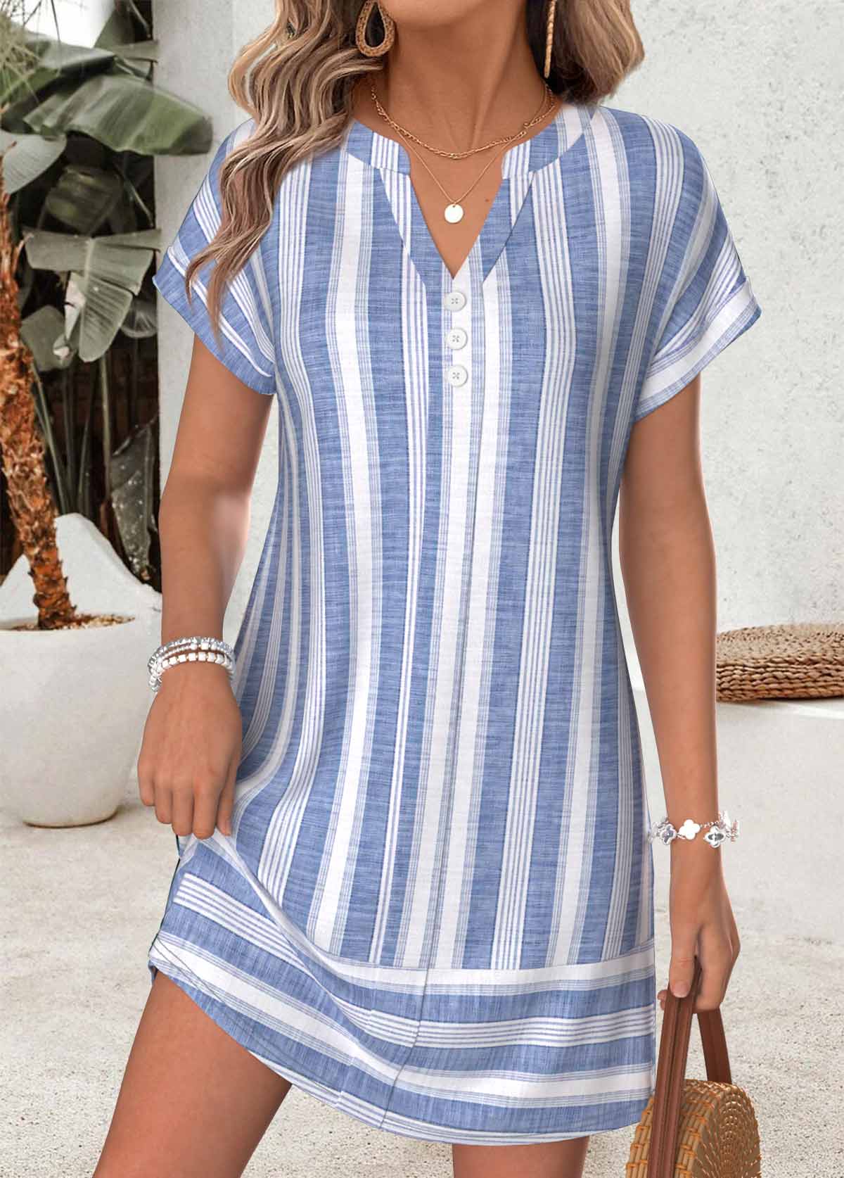 Blue Striped Short Tummy Coverage Split Neck Dress | picture 
