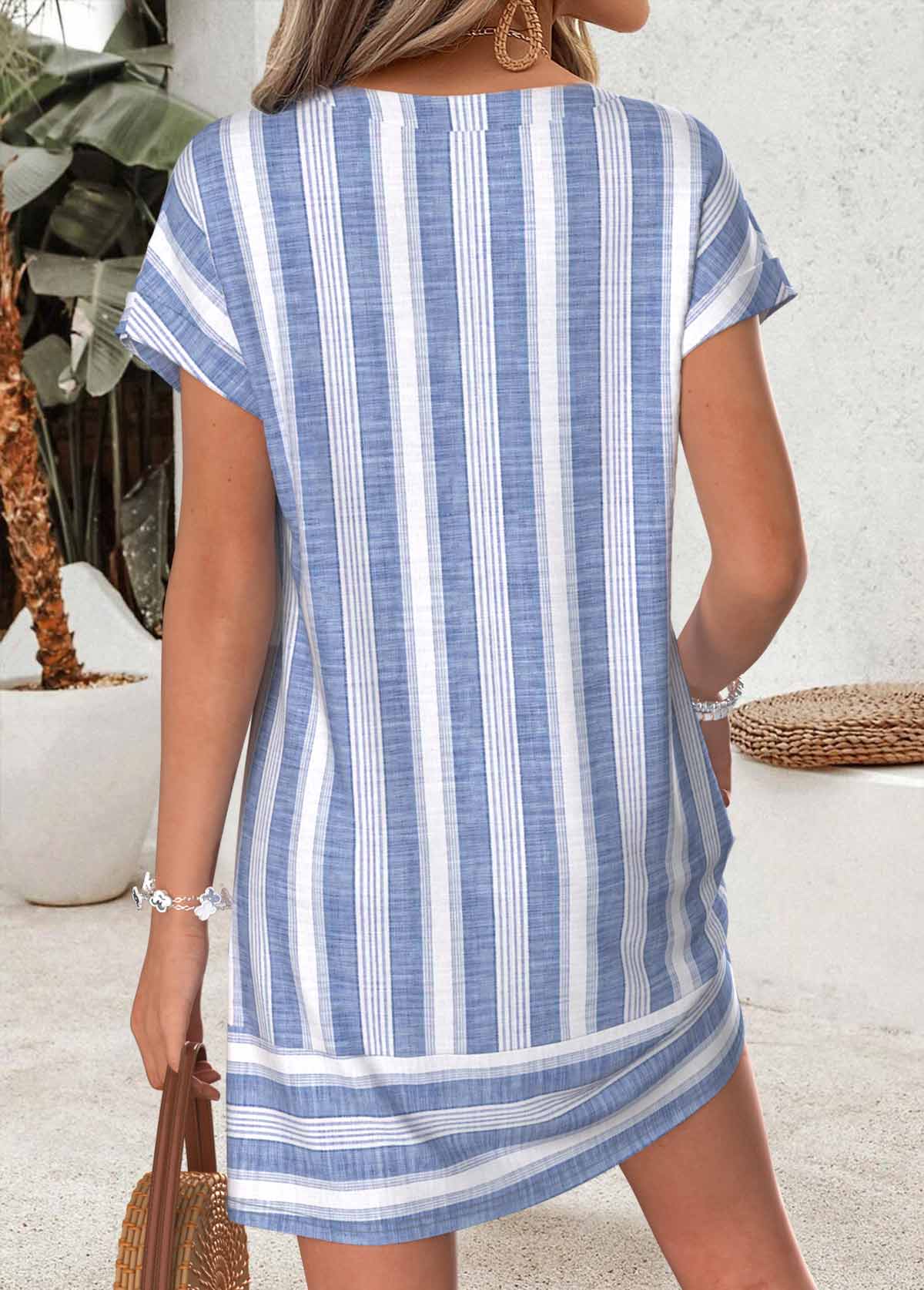 Blue Striped Short Tummy Coverage Split Neck Dress | picture 