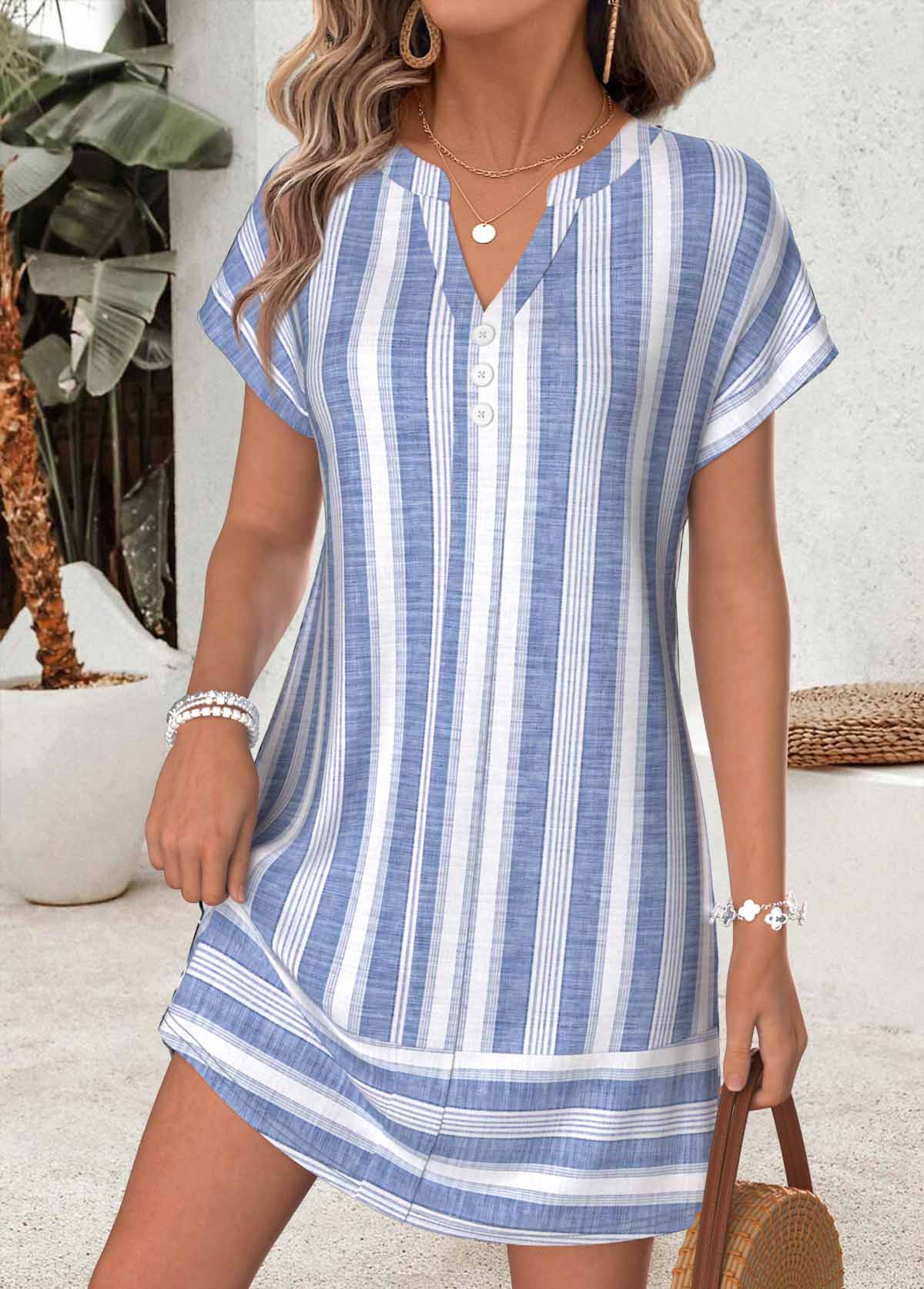 Blue Striped Short Tummy Coverage Split Neck Dress | picture 
